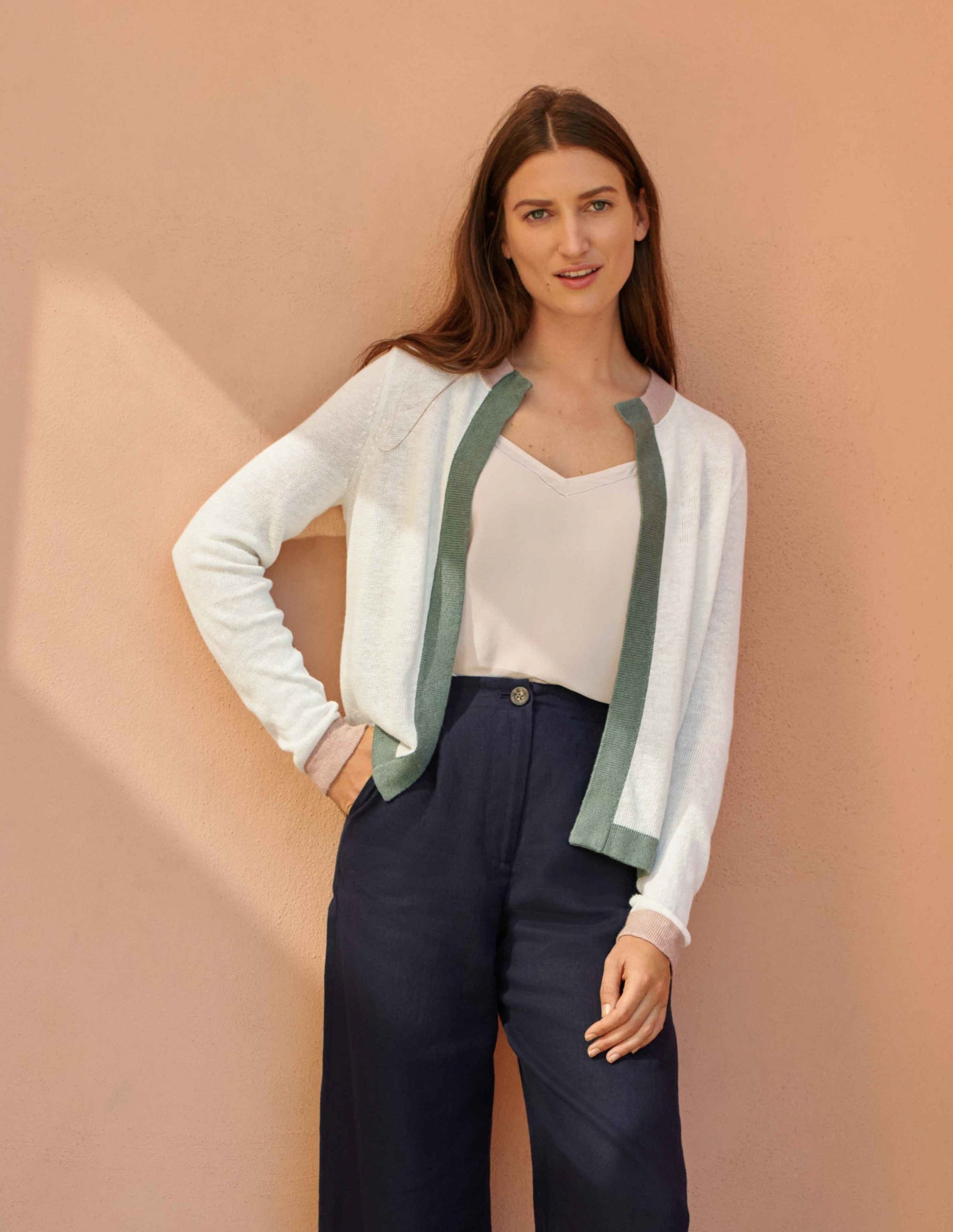 Stripe Trim Linen Cardigan-Ivory Colourblock-5