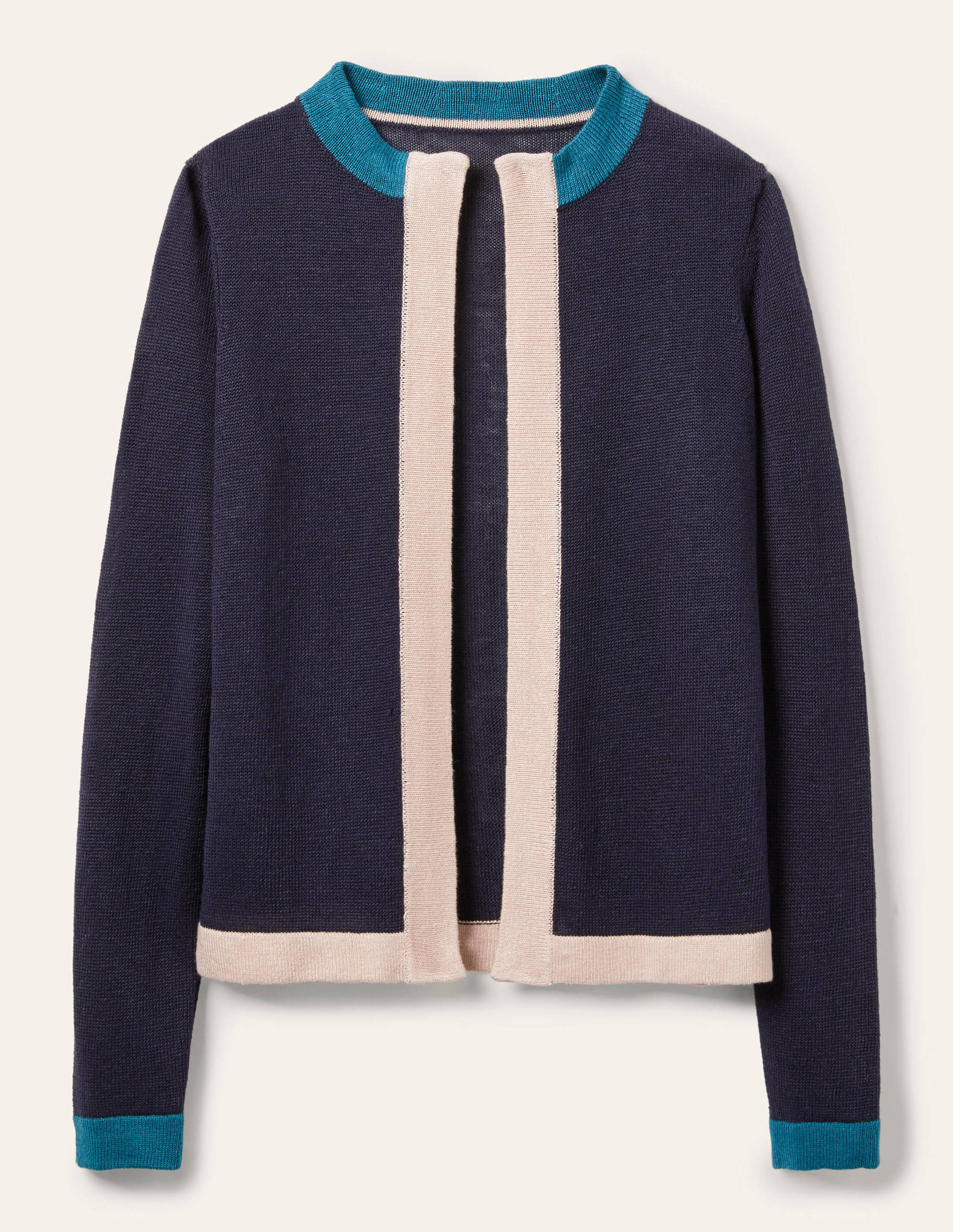 Stripe Trim Linen Cardigan-Navy Colourblock - Image 6