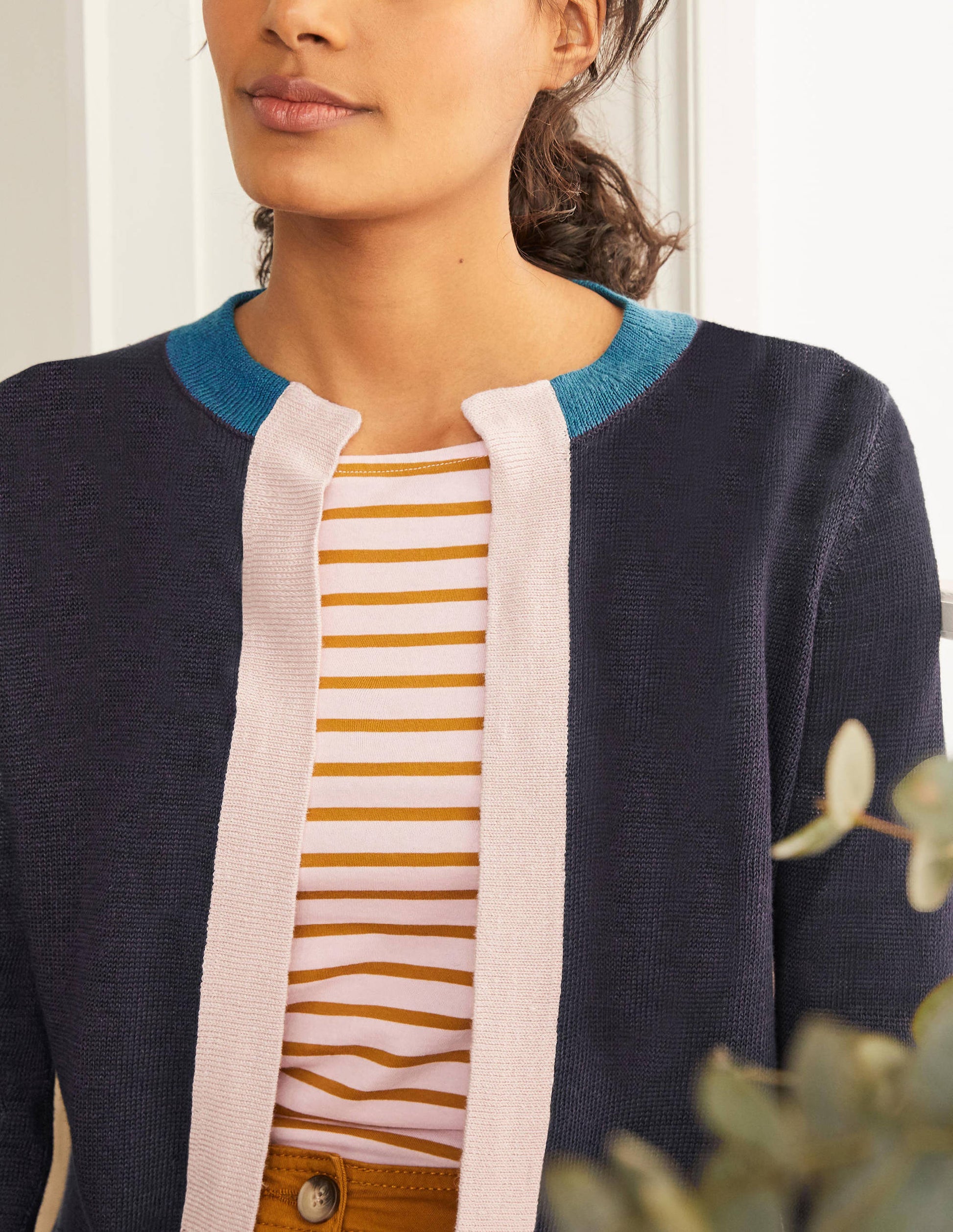 Stripe Trim Linen Cardigan-Navy Colourblock-4