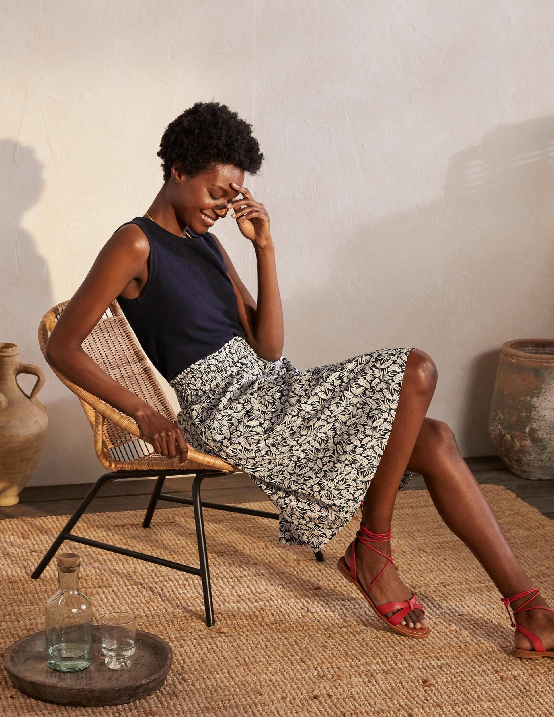 Shirred Waist Cotton Skirt-French Navy, Palm-4