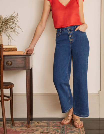 Horn Button Wide Leg Jeans-Mid Vintage Denim-1