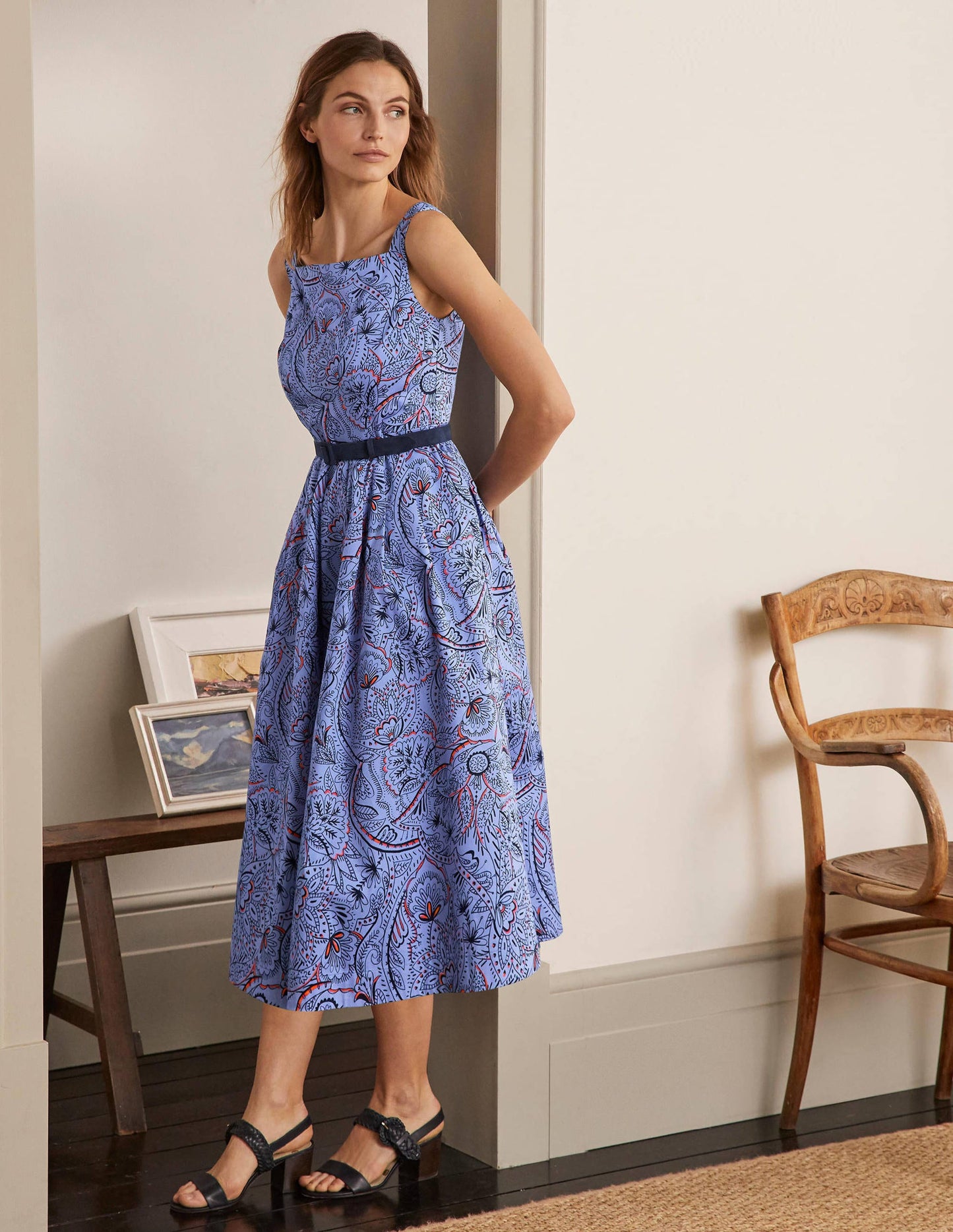 Aubrey Cotton Midi Dress-Hazy Blue, Paisley Delight