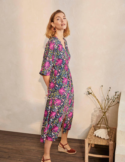 Betsy Midi Dress-Black, Tropical Charm