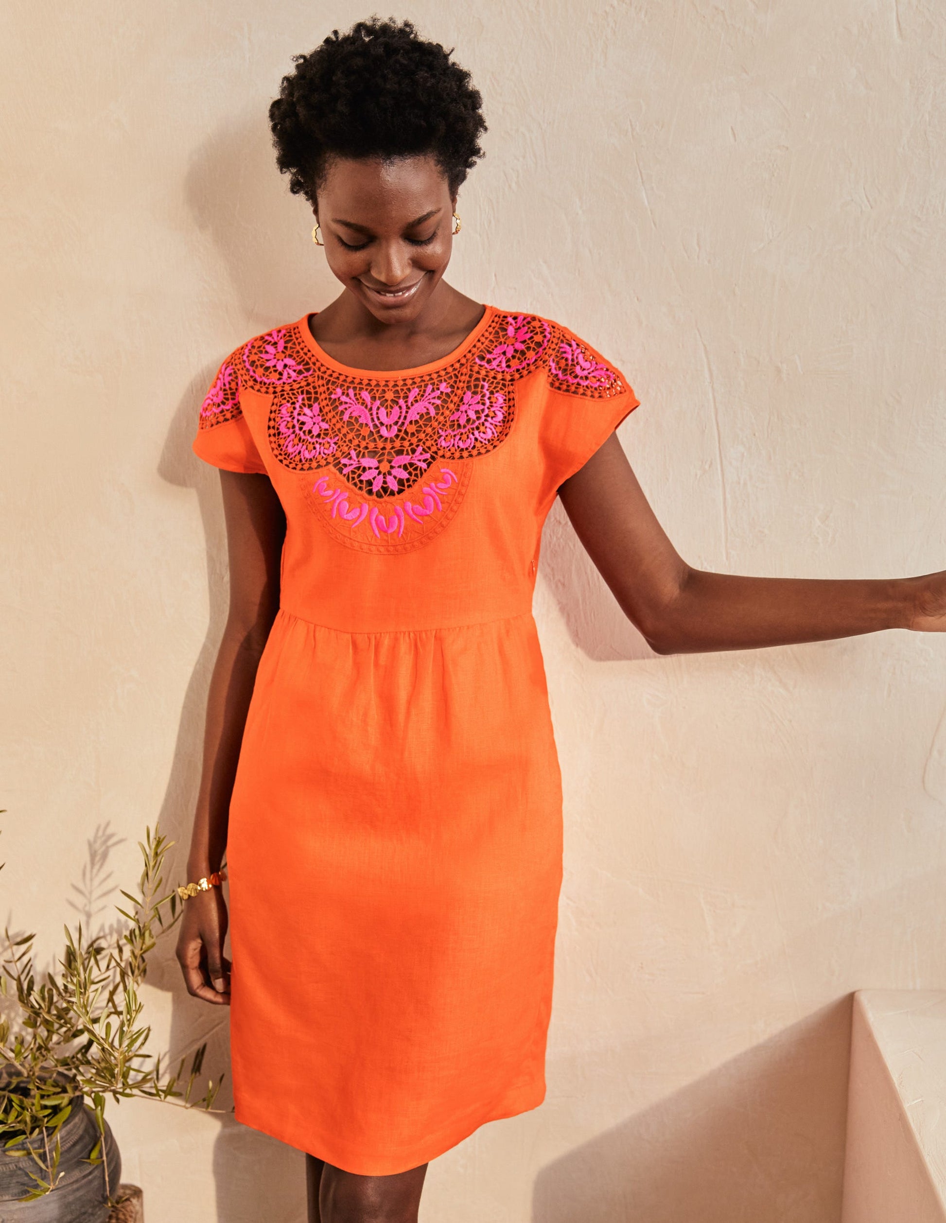 Fleur Embroidered Linen Dress-Satsuma-5