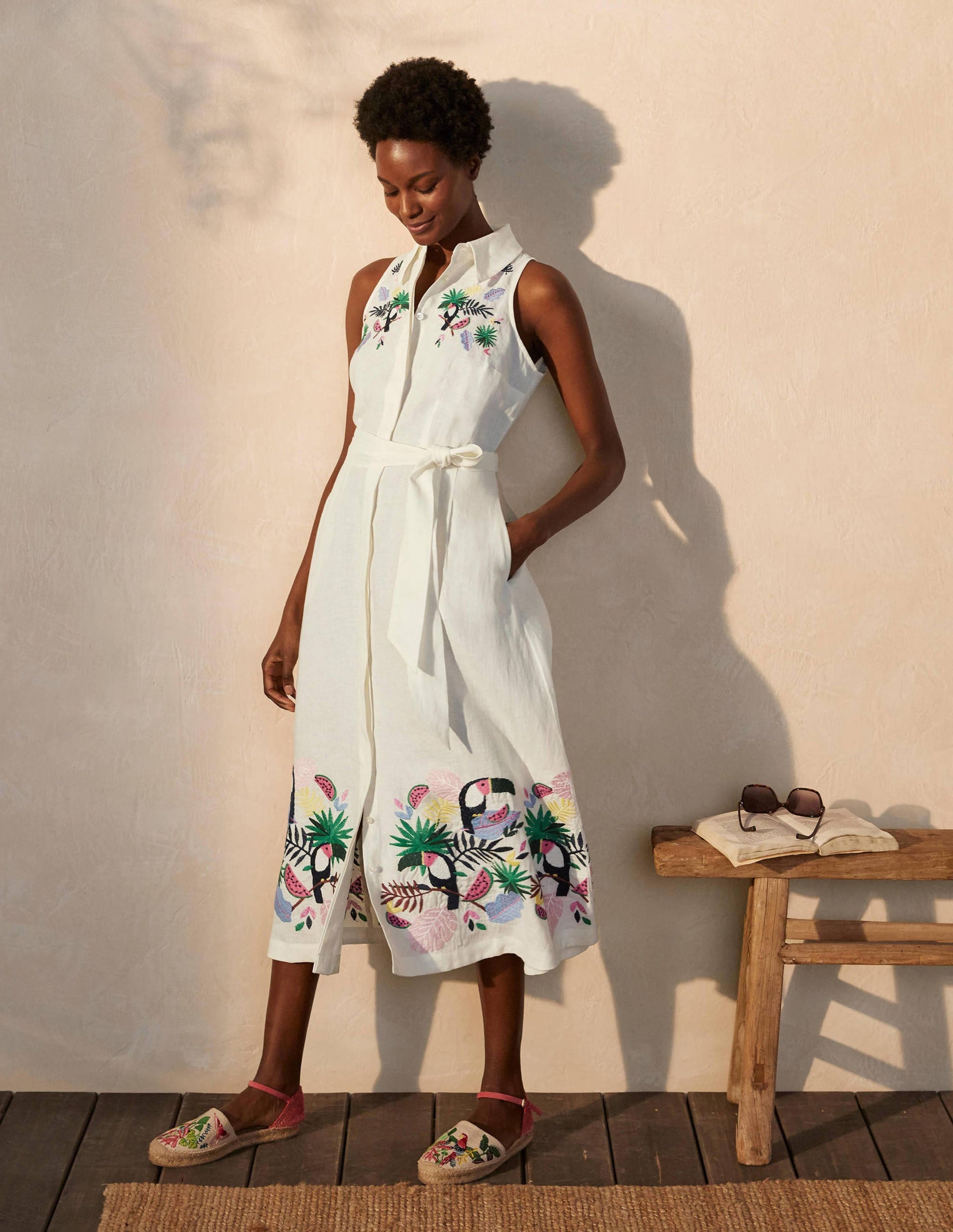 Kate Linen Shirt Dress-Ivory with multi embroidery-5