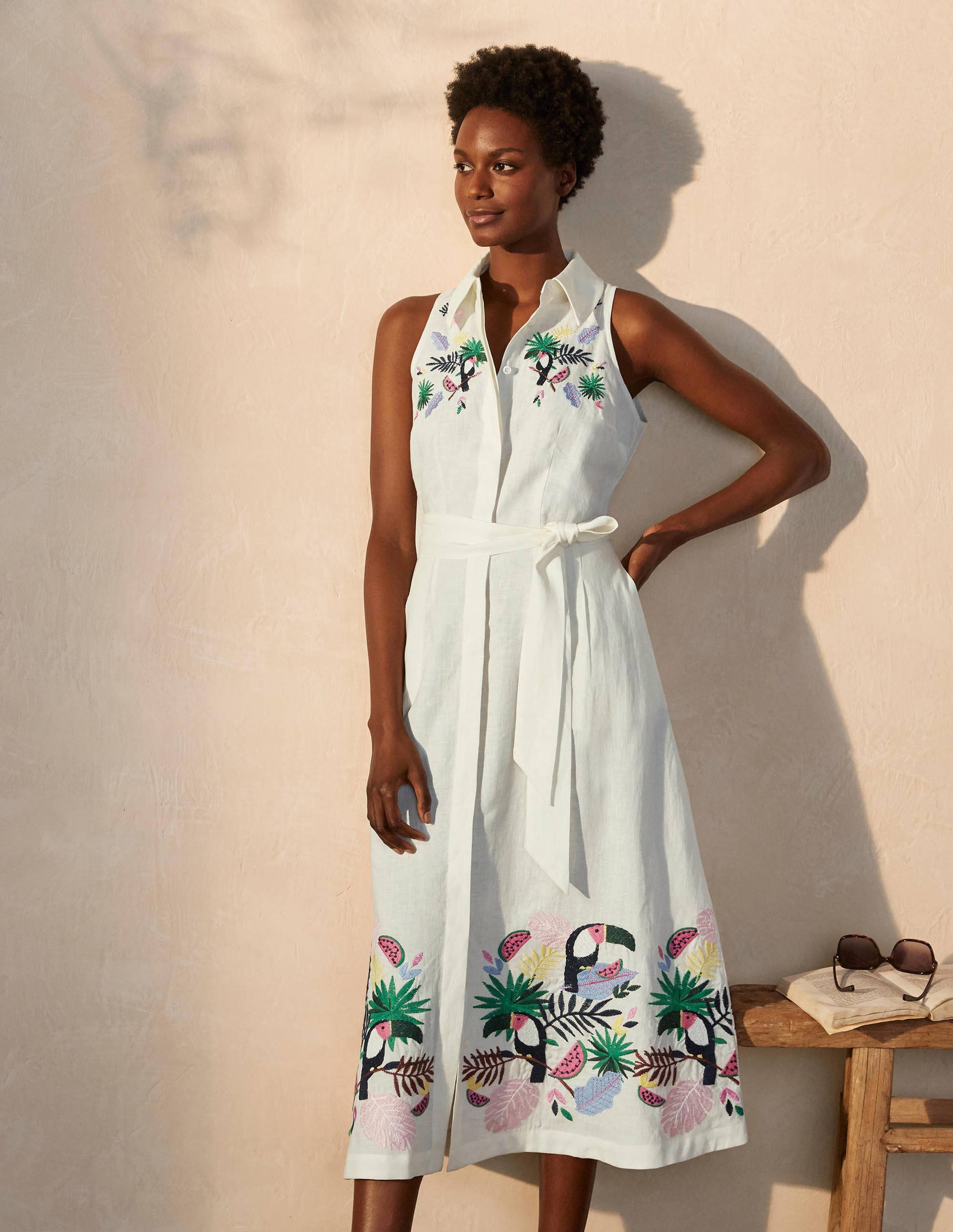 Kate Linen Shirt Dress-Ivory with multi embroidery - Image 1