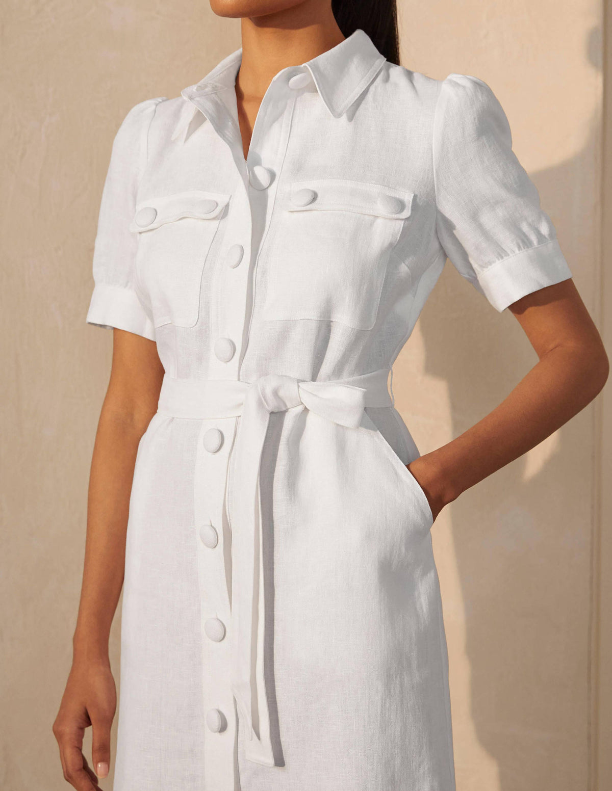 Carrie Linen Shirt Dress-White - Image 3