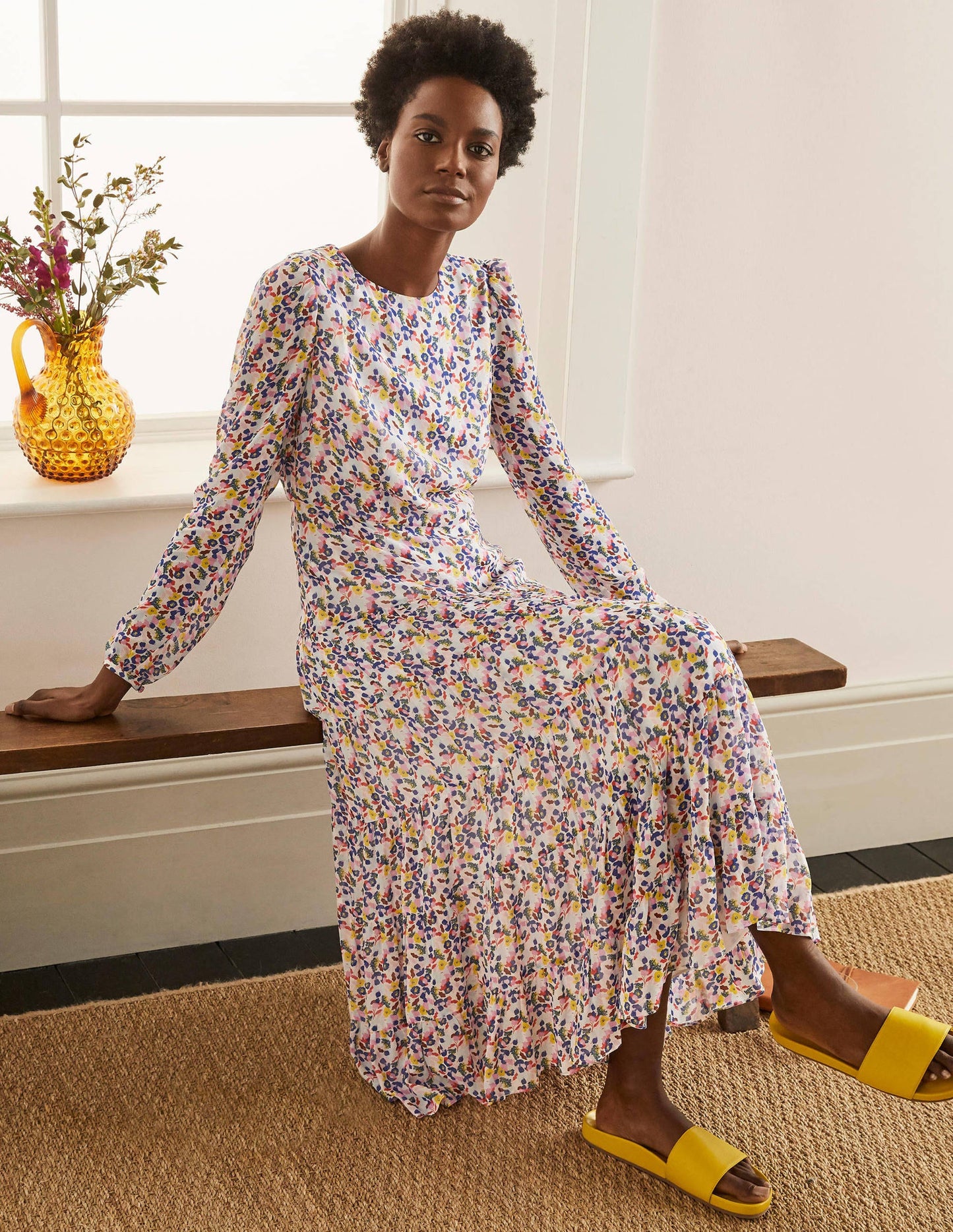 Annie Tiered Midi Dress-Ivory, Peony Burst Small