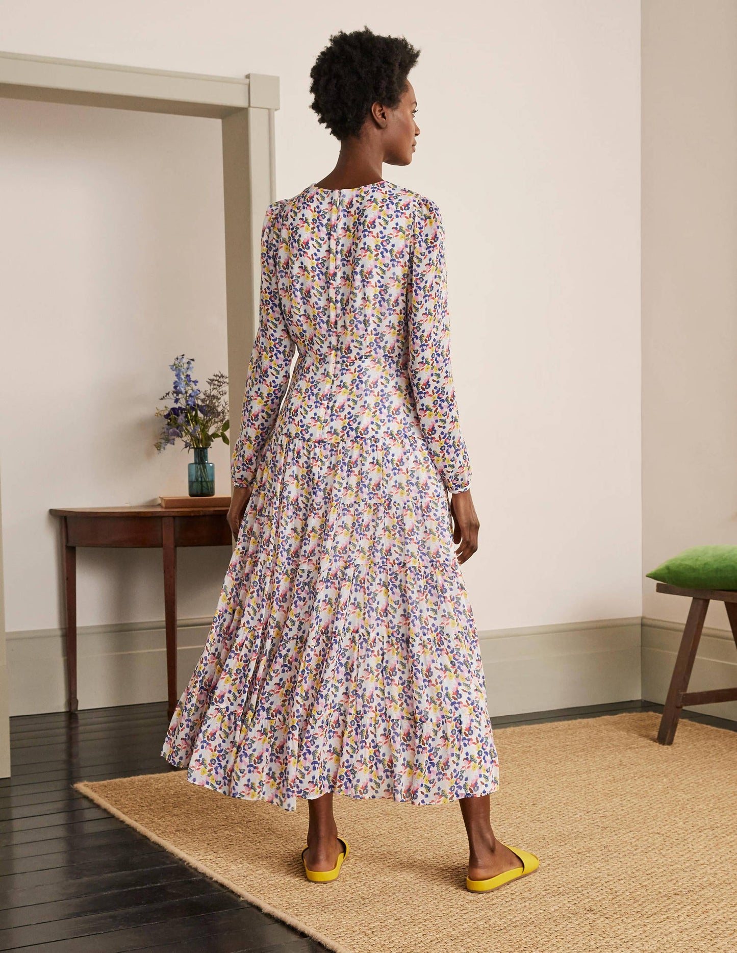 Annie Tiered Midi Dress-Ivory, Peony Burst Small