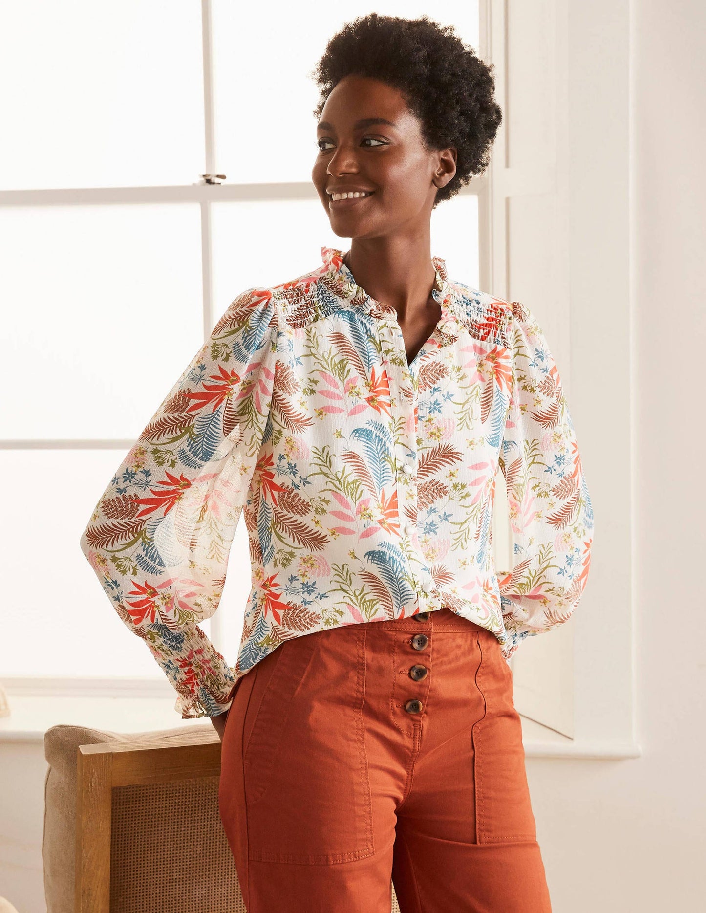 Anastasia Smocked Top-Ivory, Safari Fern
