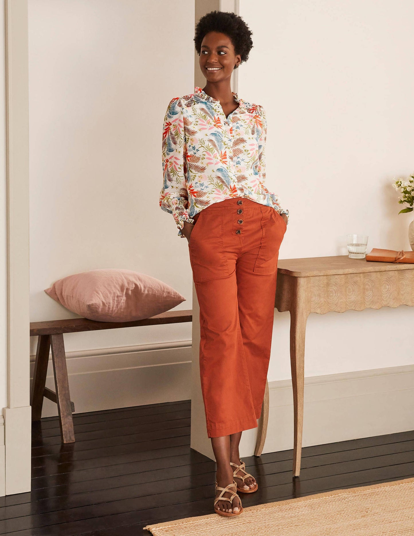 Anastasia Smocked Top-Ivory, Safari Fern