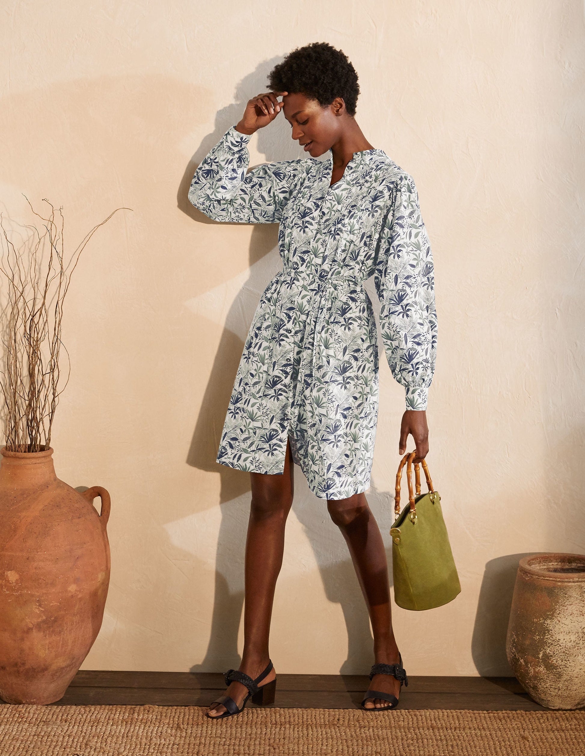 Antonia Cotton Shirt Dress-Ivory, Tropical Palm-5