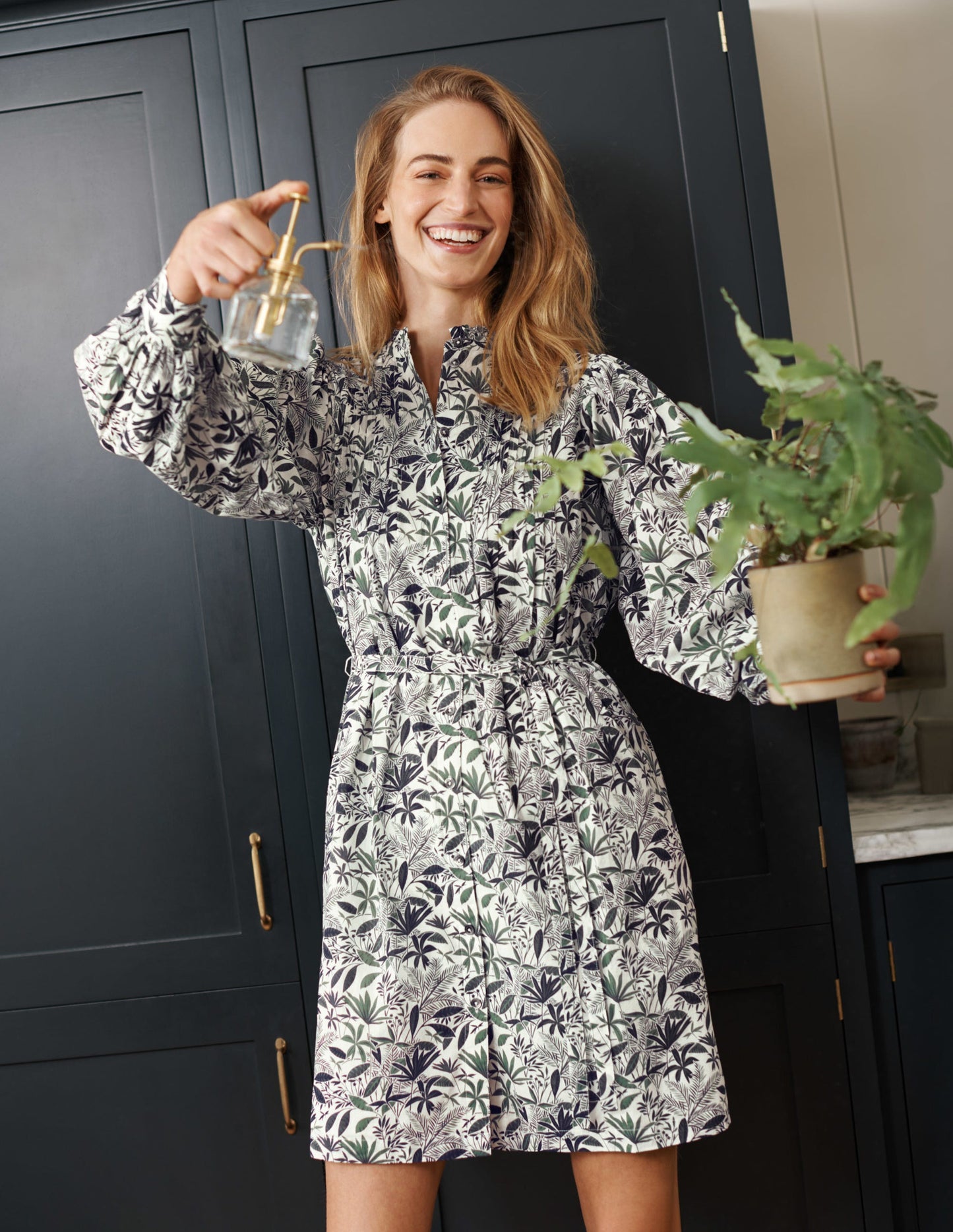 Antonia Cotton Shirt Dress-Ivory, Tropical Palm