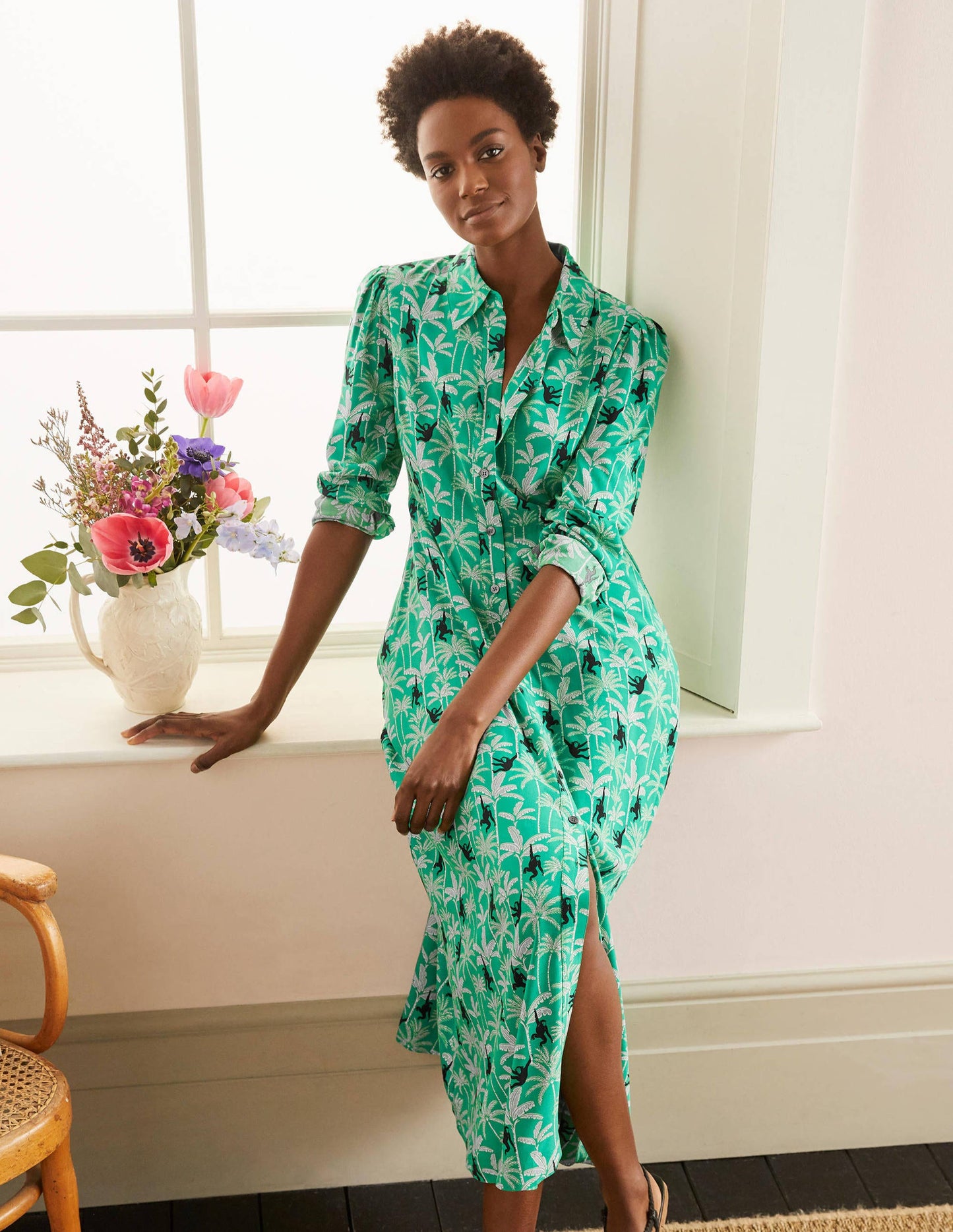 Cecile Midi Shirt Dress-Highland Green, Monkey Palm