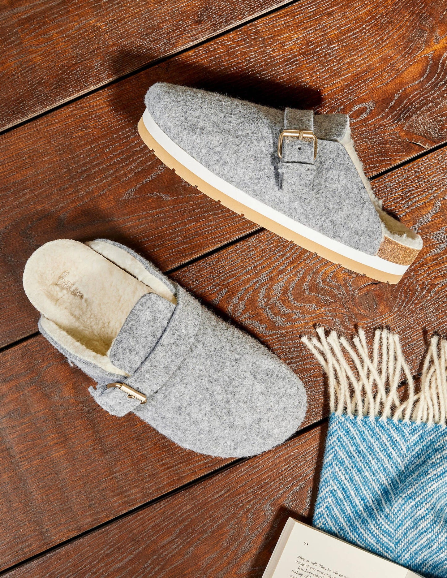 Borg Lined Mule Shoes-Grey Marl Felt
