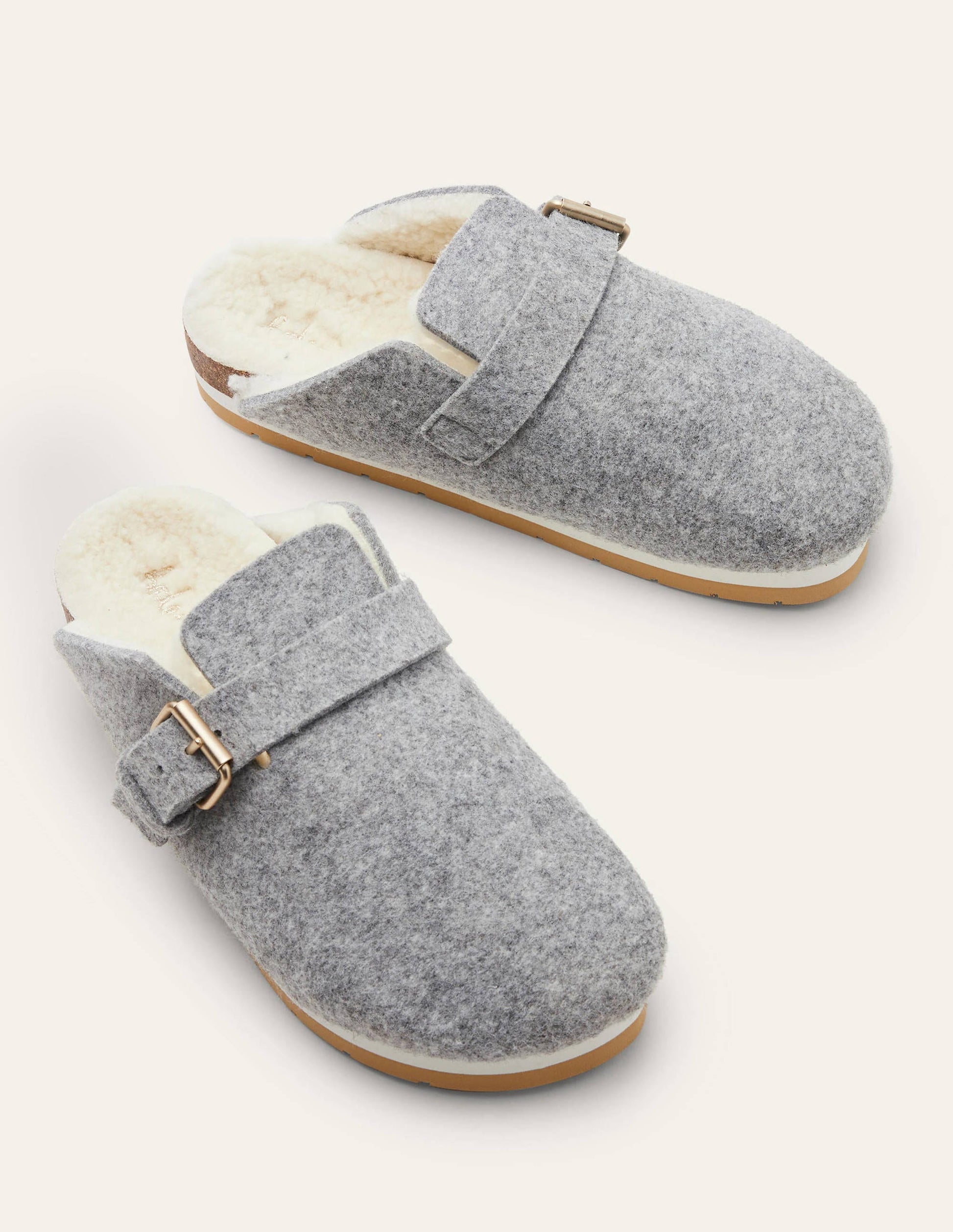 Borg Lined Mule Shoes-Grey Marl Felt-3