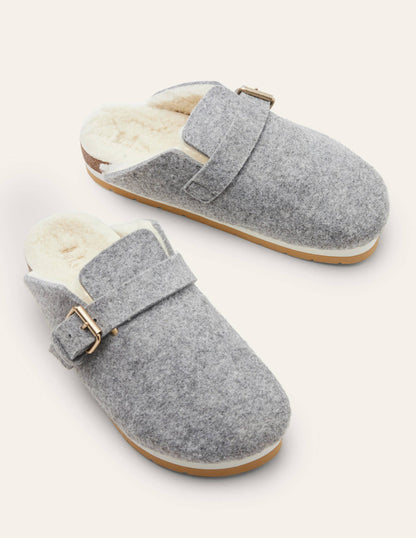 Borg Lined Mule Shoes-Grey Marl Felt-3