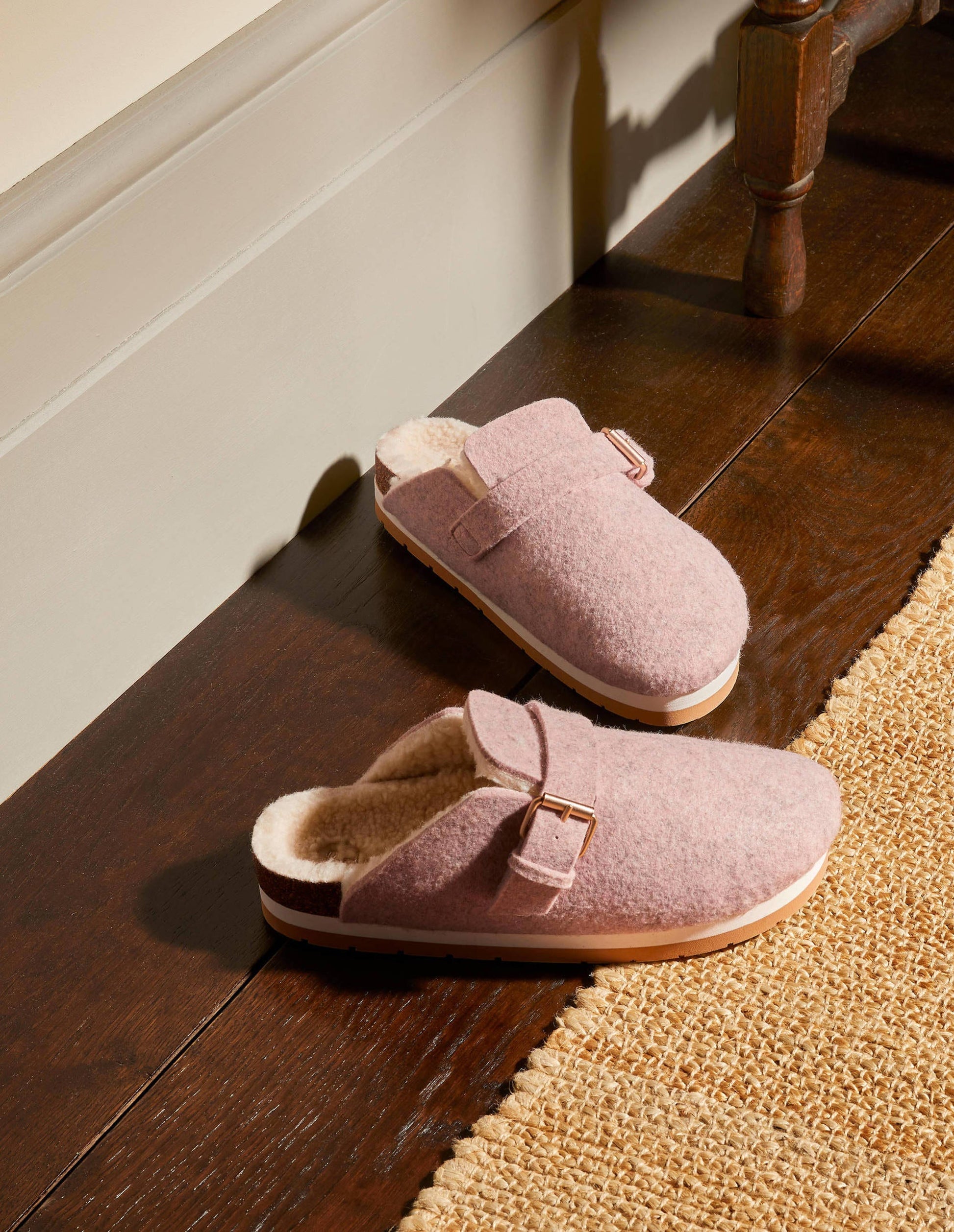 Borg Lined Mule Shoes-Pink Marl Felt-1