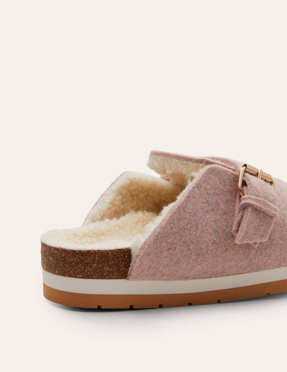 Borg Lined Mule Shoes-Pink Marl Felt-4