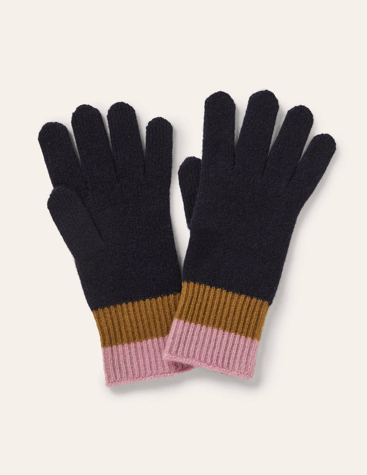 Colourblock Cashmere Gloves-Navy/Old Moss/Purple