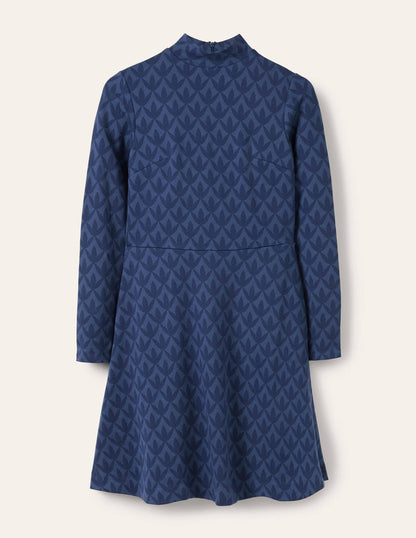 High Neck Jacquard Dress-Night Blue, Petal Geo-5