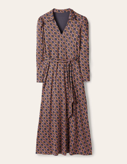 Collar Jersey Midi Dress-Ochre, Chain Geo-5