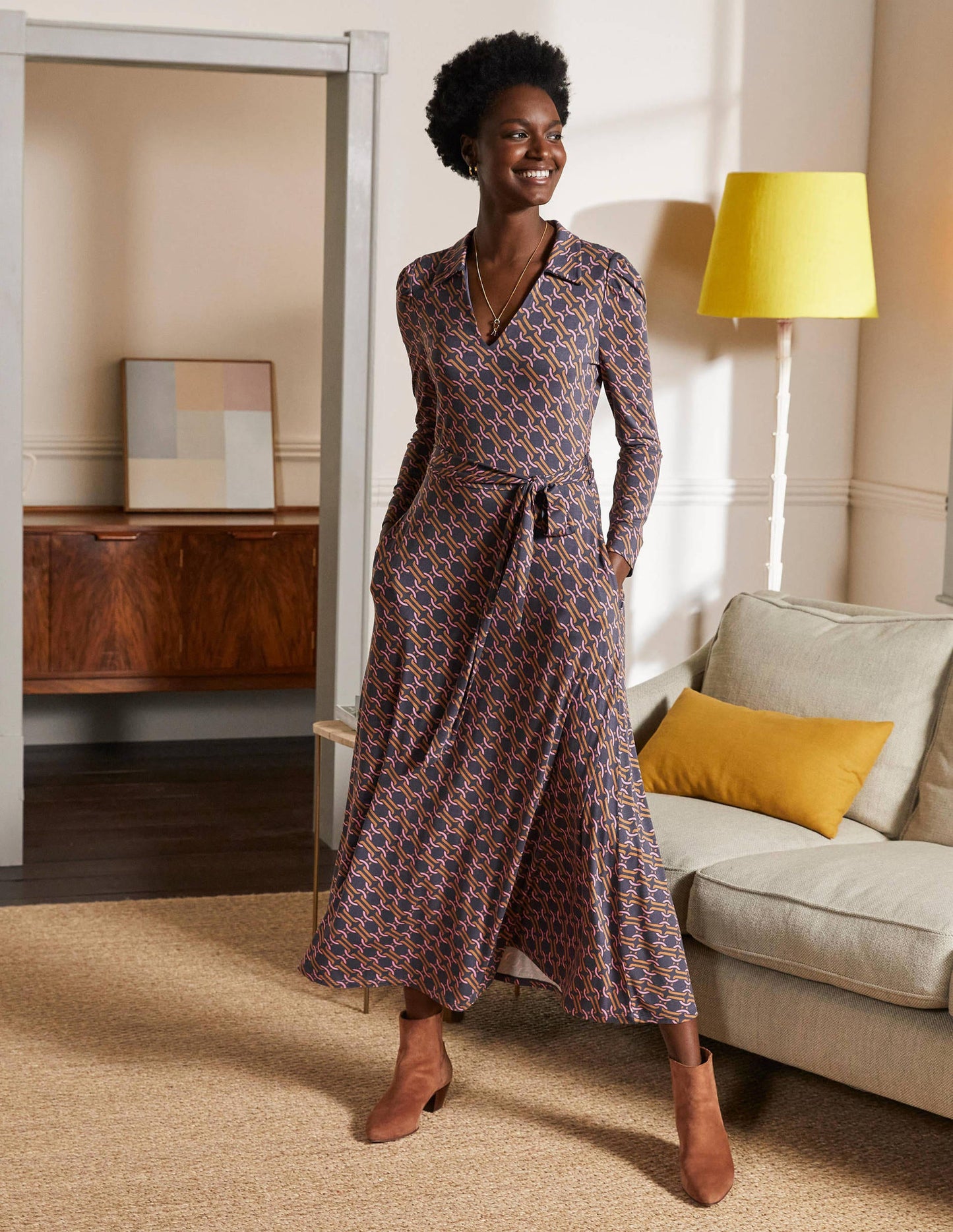 Collar Jersey Midi Dress-Ochre, Chain Geo