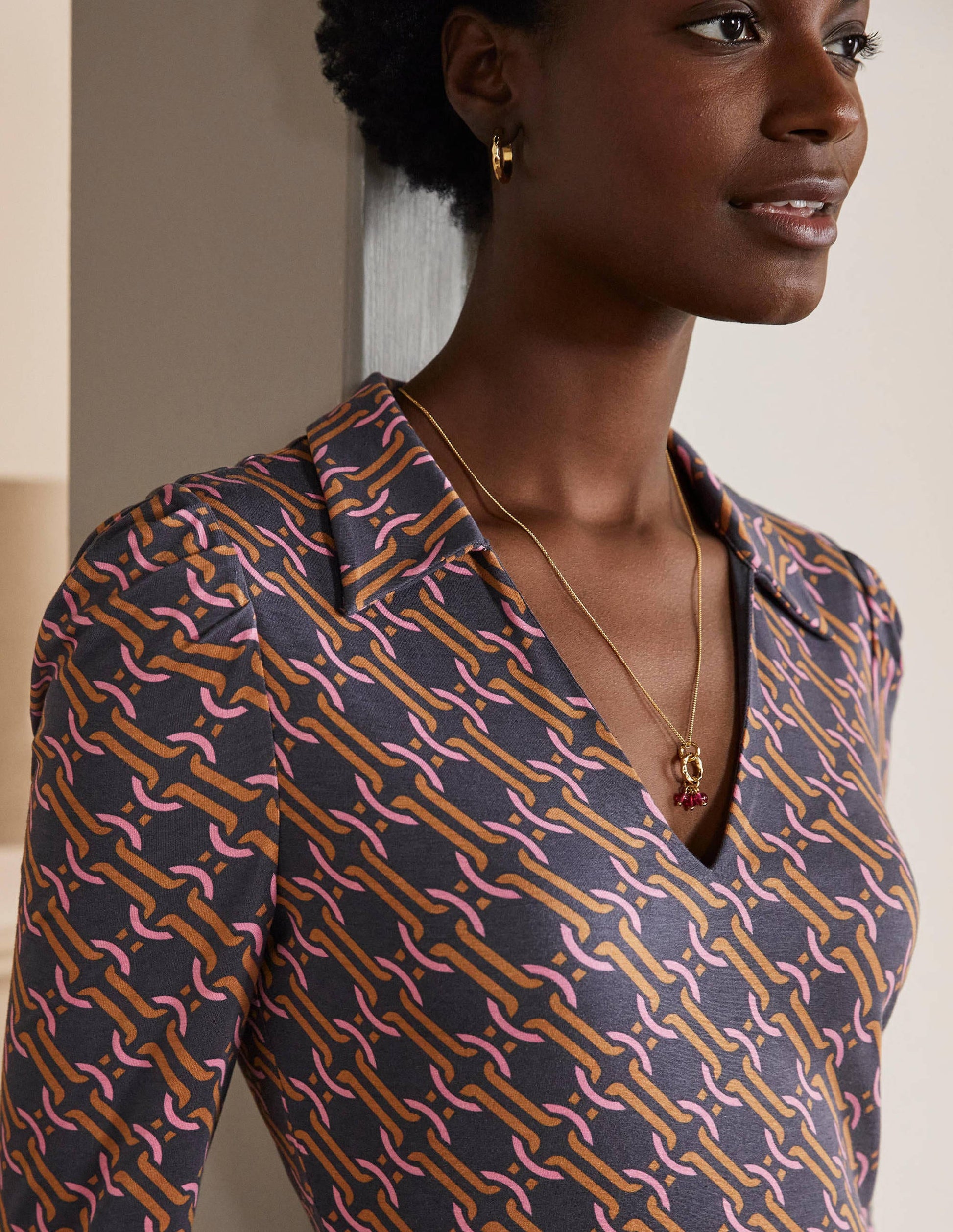 Collar Jersey Midi Dress-Ochre, Chain Geo-2