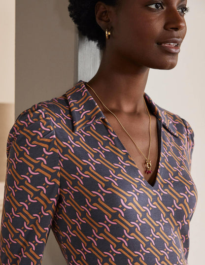 Collar Jersey Midi Dress-Ochre, Chain Geo-2