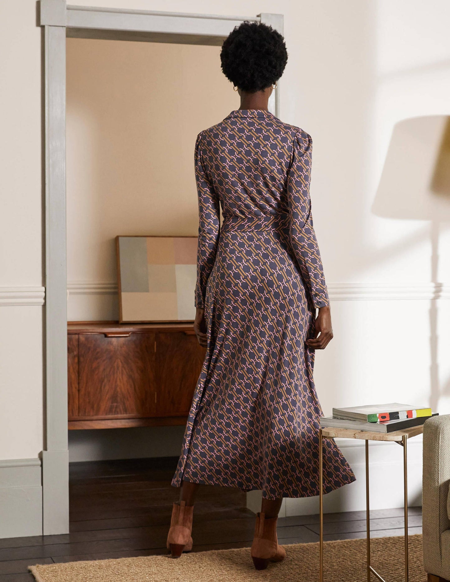 Collar Jersey Midi Dress-Ochre, Chain Geo