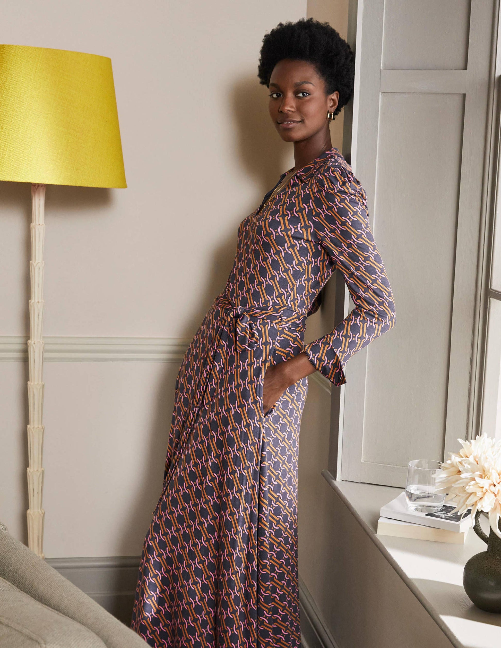 Collar Jersey Midi Dress-Ochre, Chain Geo-4