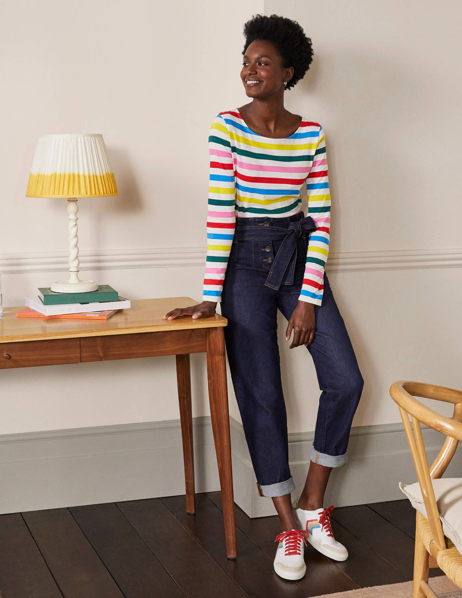 Long Sleeve Breton Top-Deep Forest/ Red Pop Rainbow-4