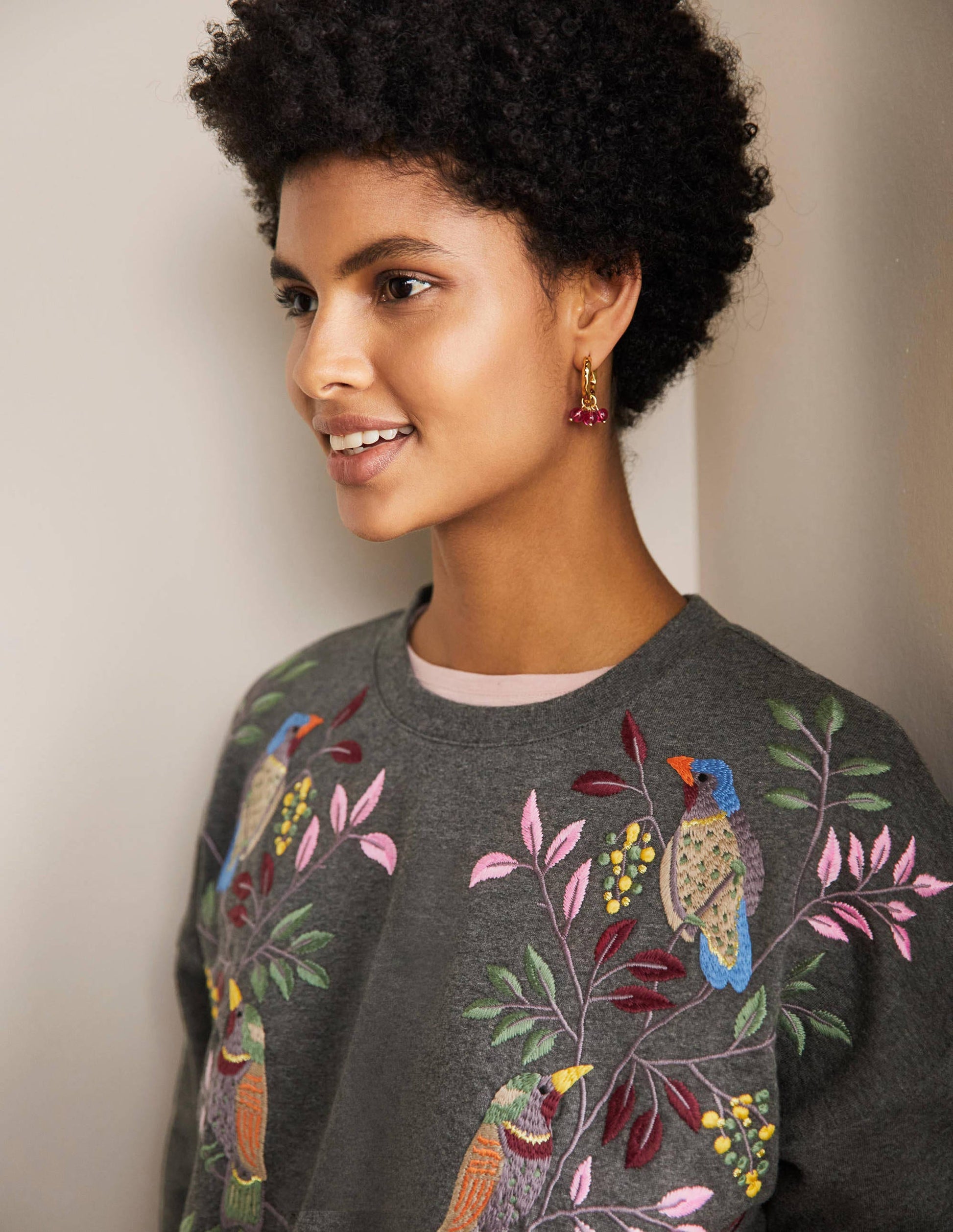 Interest Sweatshirt-Charcoal Marl Bird Embroidery-2