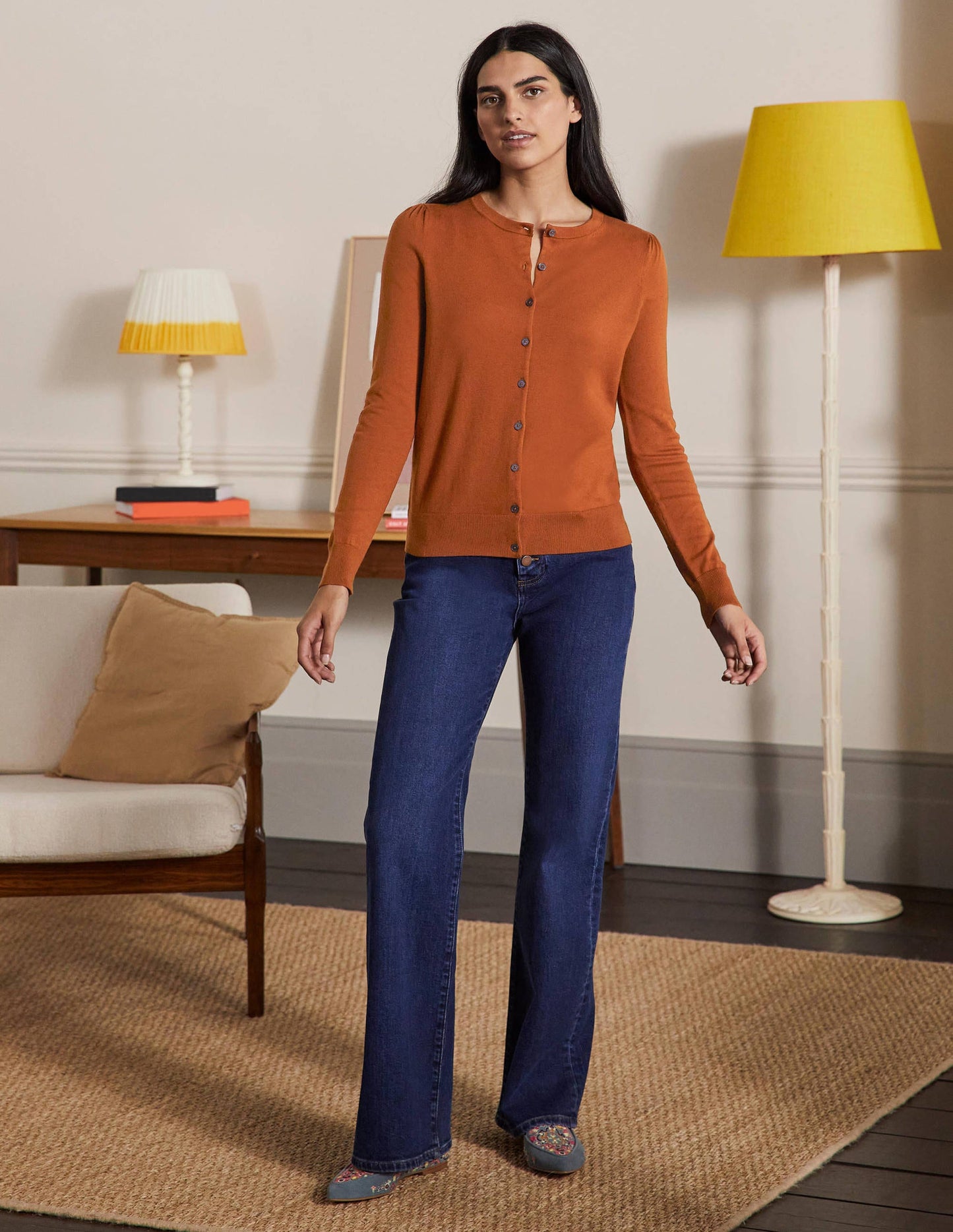 Cotton Crew Neck Cardigan-Rust