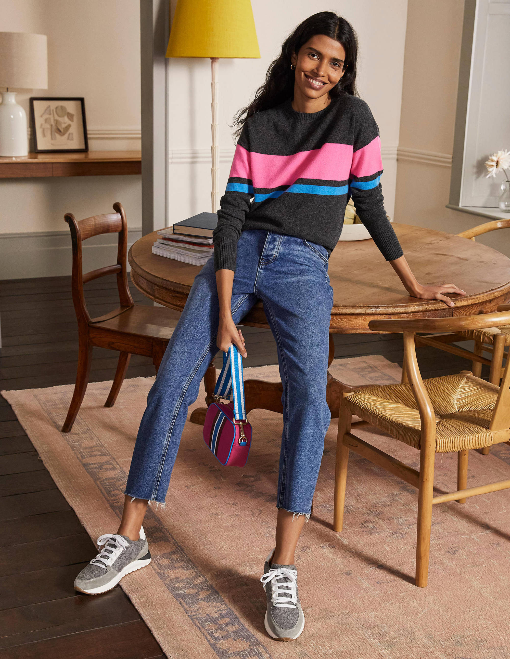 Margot Cashmere Jumper-Charcoal Melange, Neon Stripe - Image 1