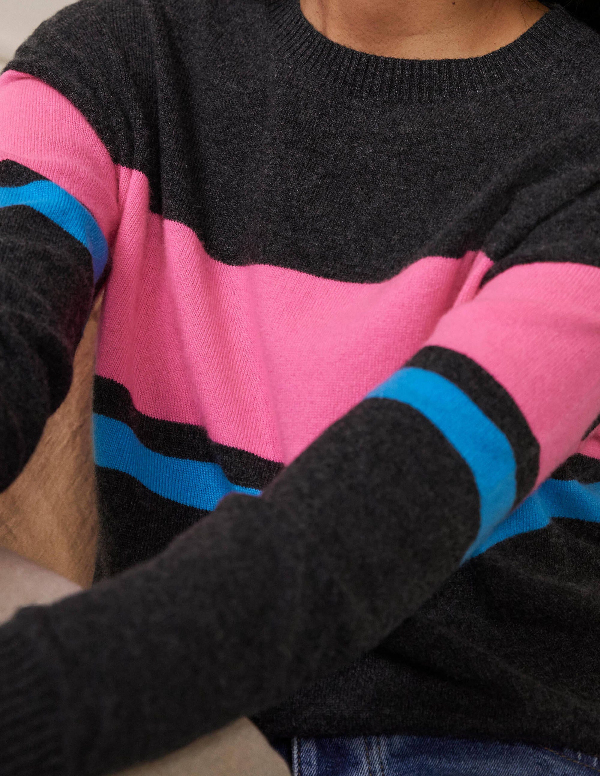 Margot Cashmere Jumper-Charcoal Melange, Neon Stripe - Image 2