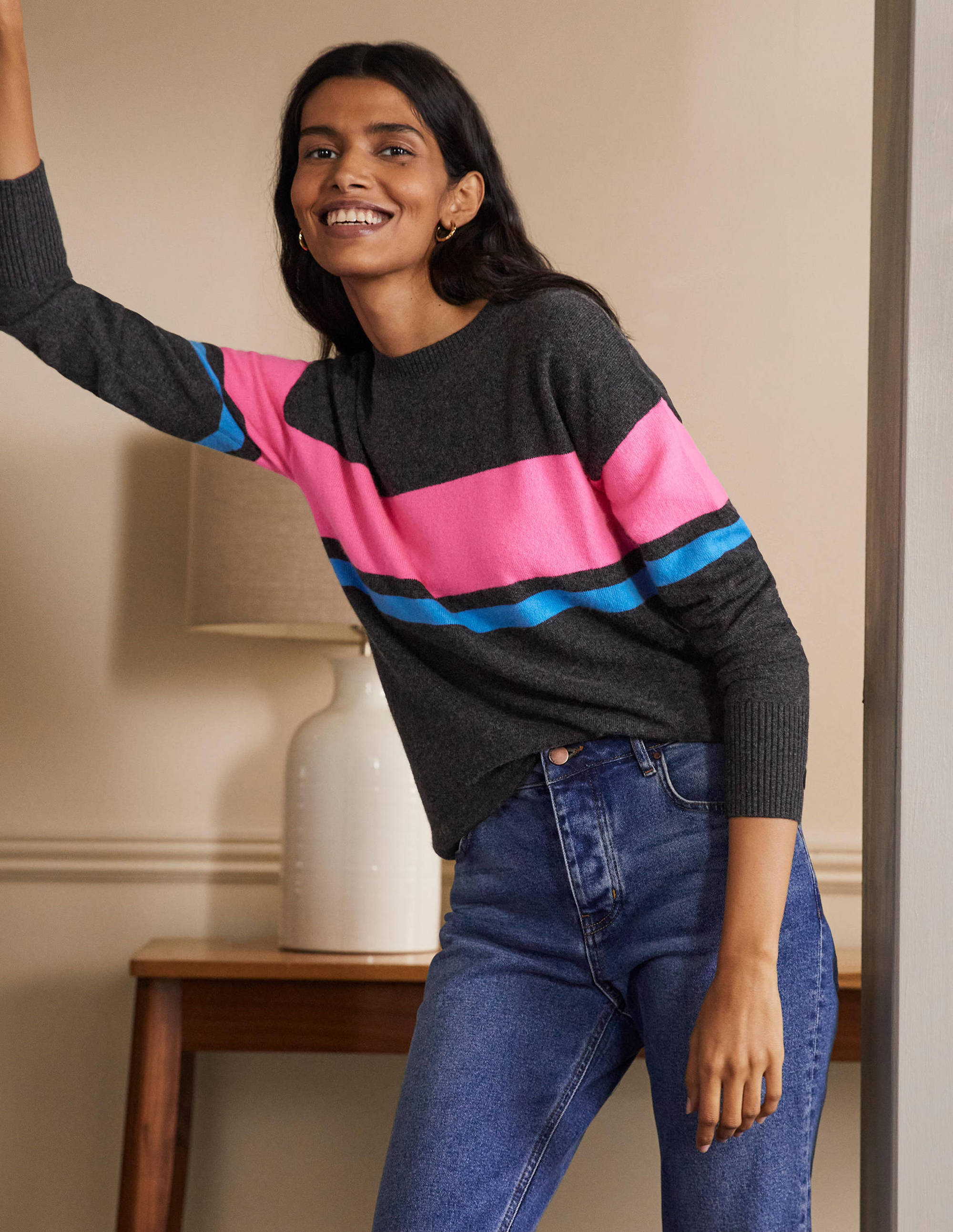 Margot Cashmere Jumper-Charcoal Melange, Neon Stripe - Image 4