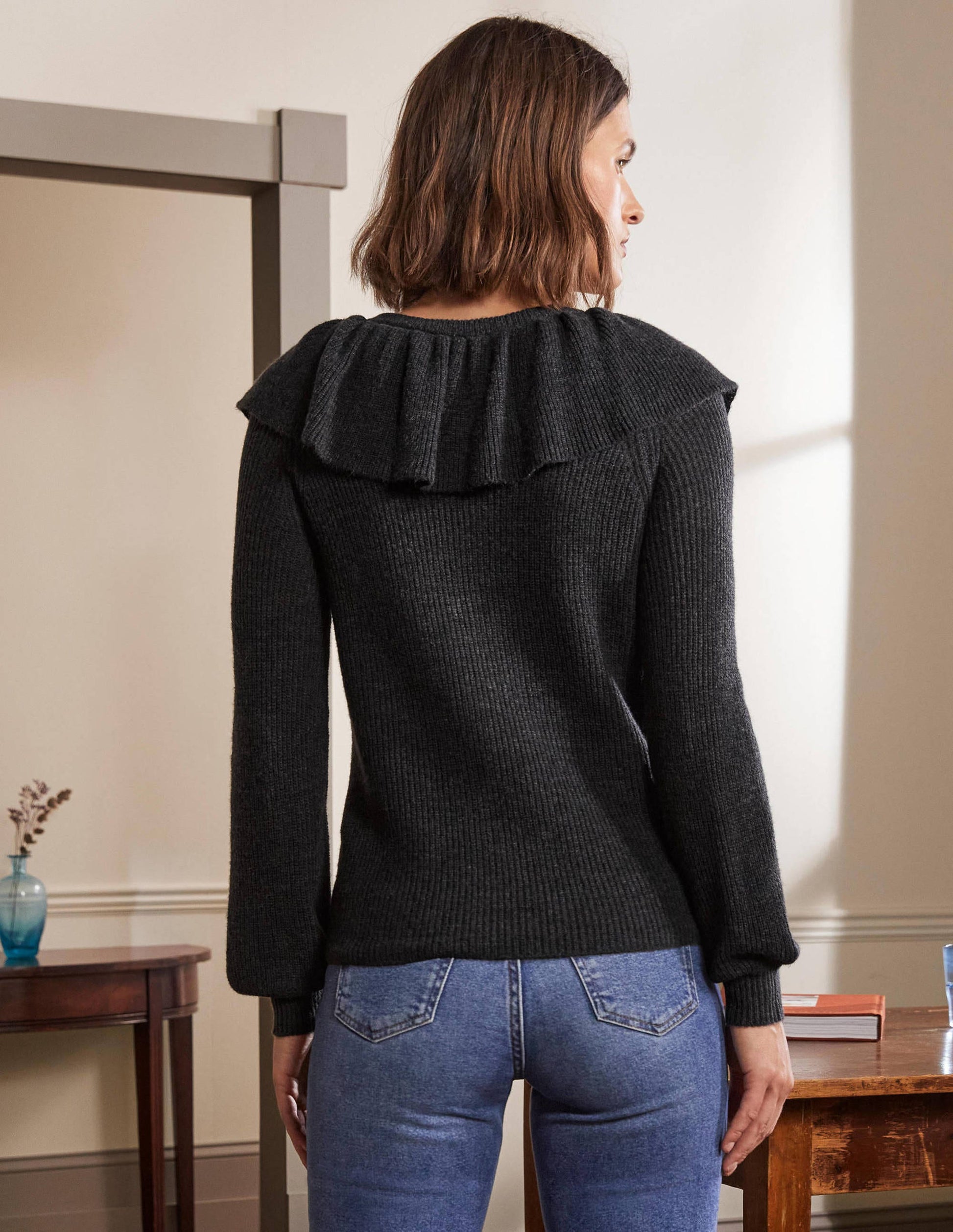 Fluffy Frill Collar Jumper-Charcoal Melange-3