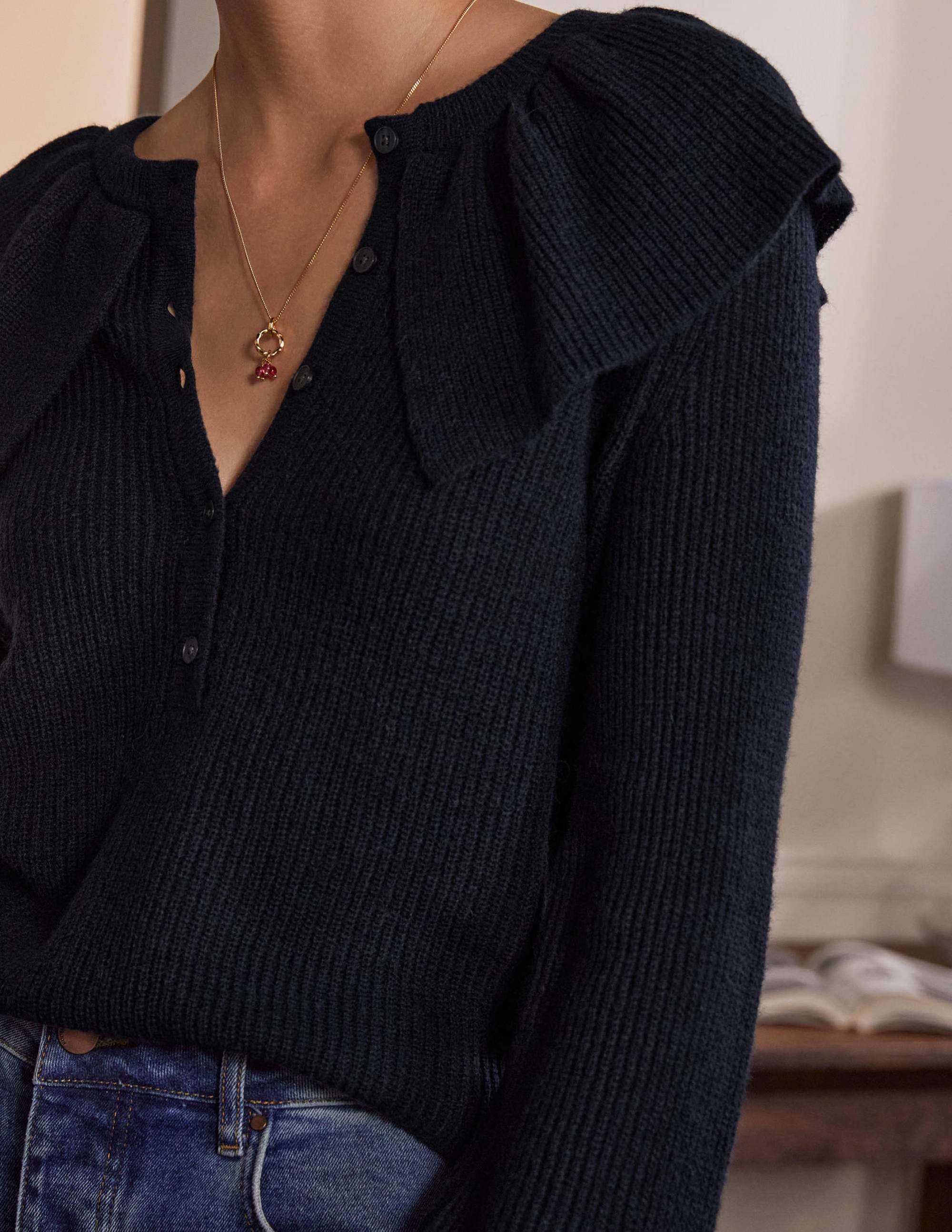 Fluffy Frill Collar Jumper-Navy - Image 2