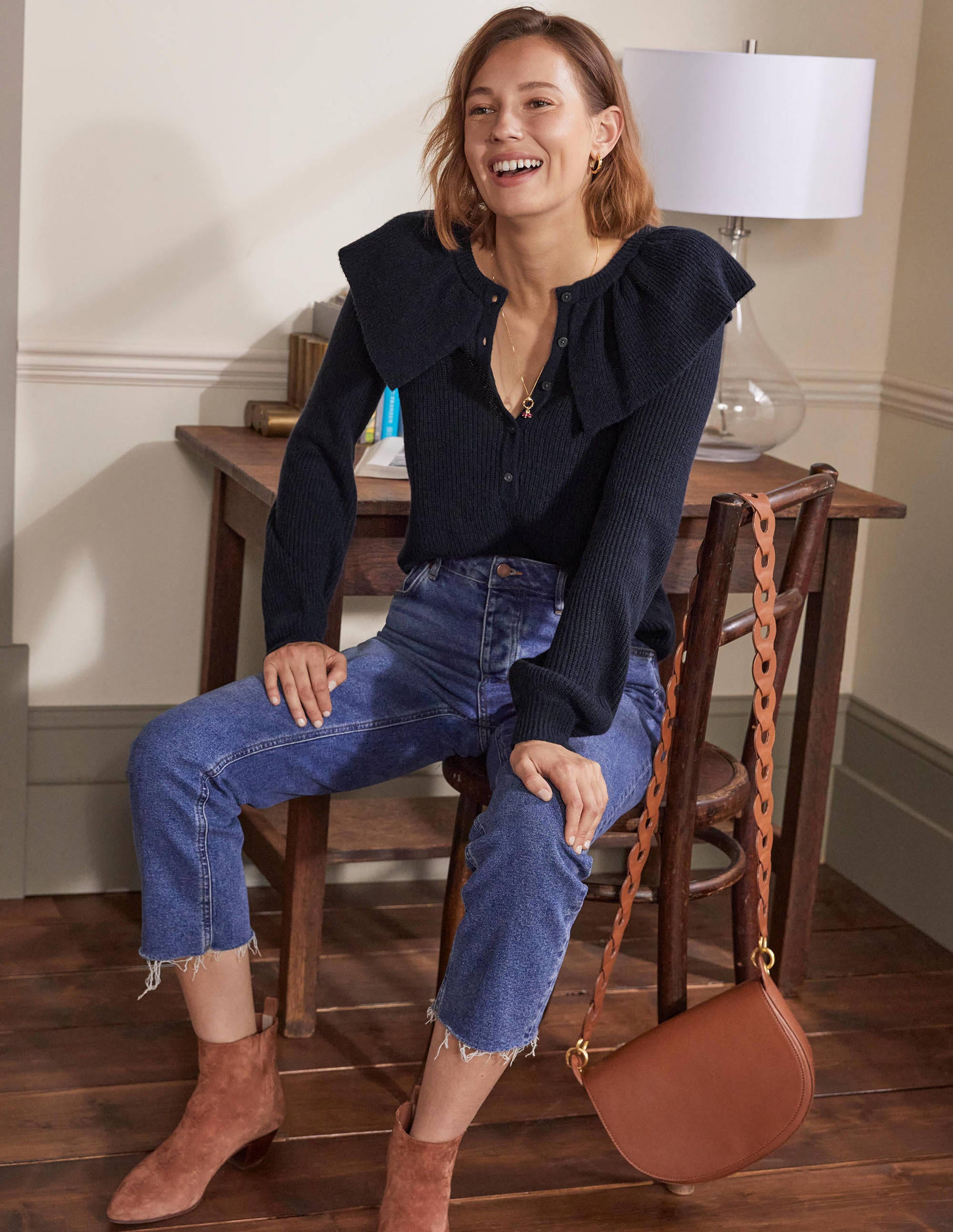 Fluffy Frill Collar Jumper-Navy - Image 4