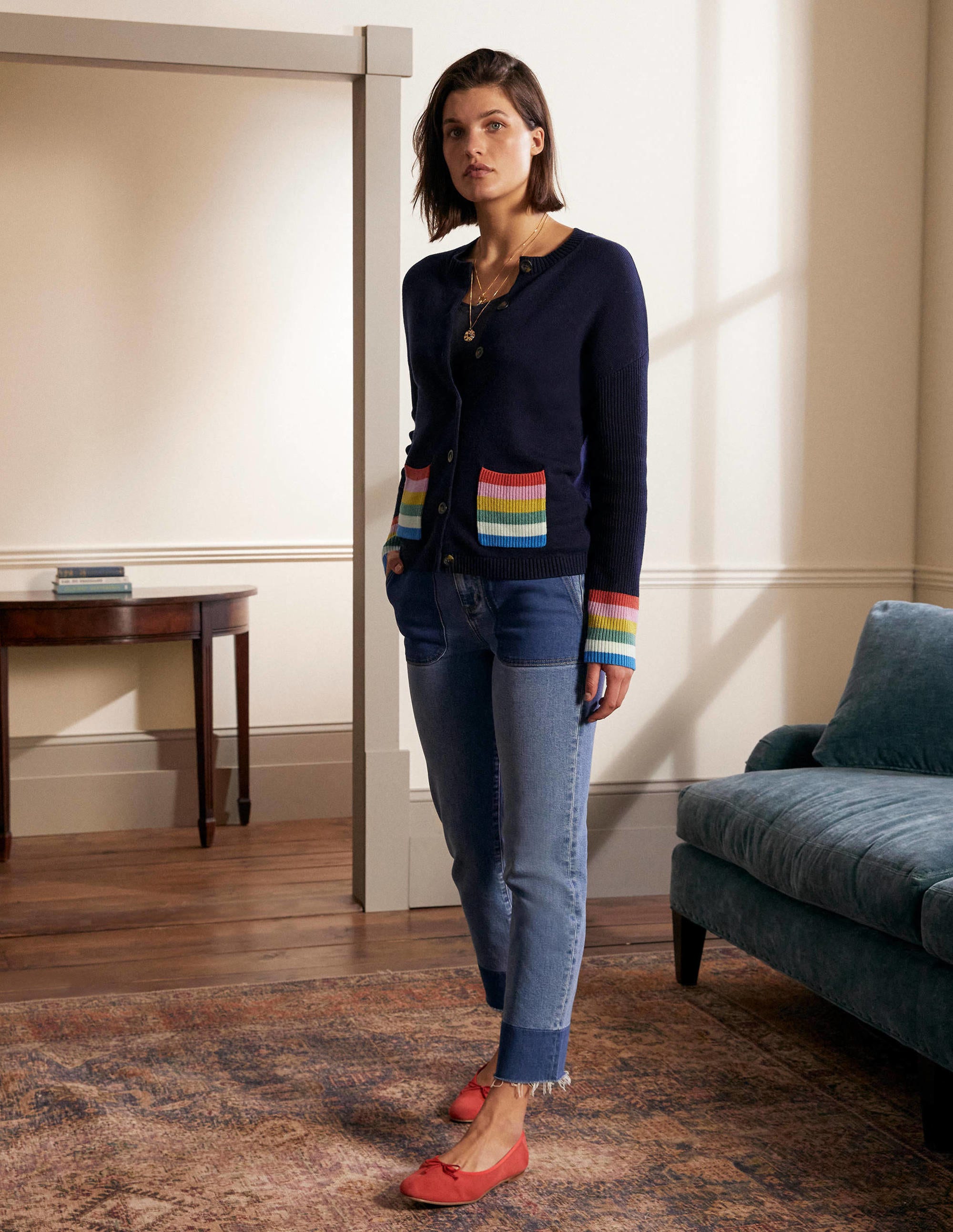 Stripe Pocket Relaxed Cardigan-Navy - Image 2