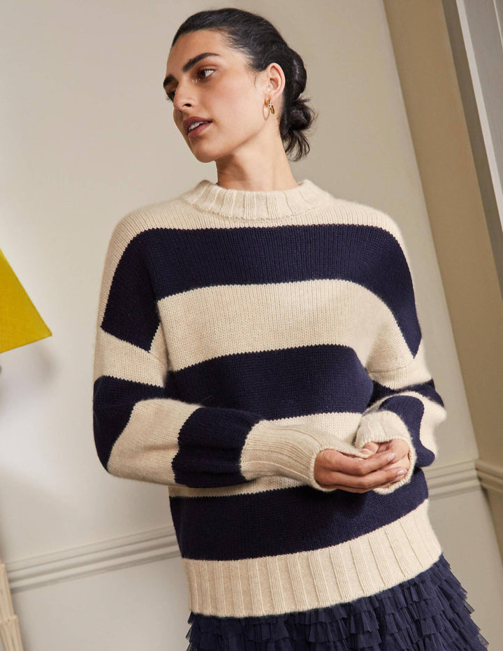 Chunky Cashmere Jumper-Navy, Oatmeal Melange Stripe