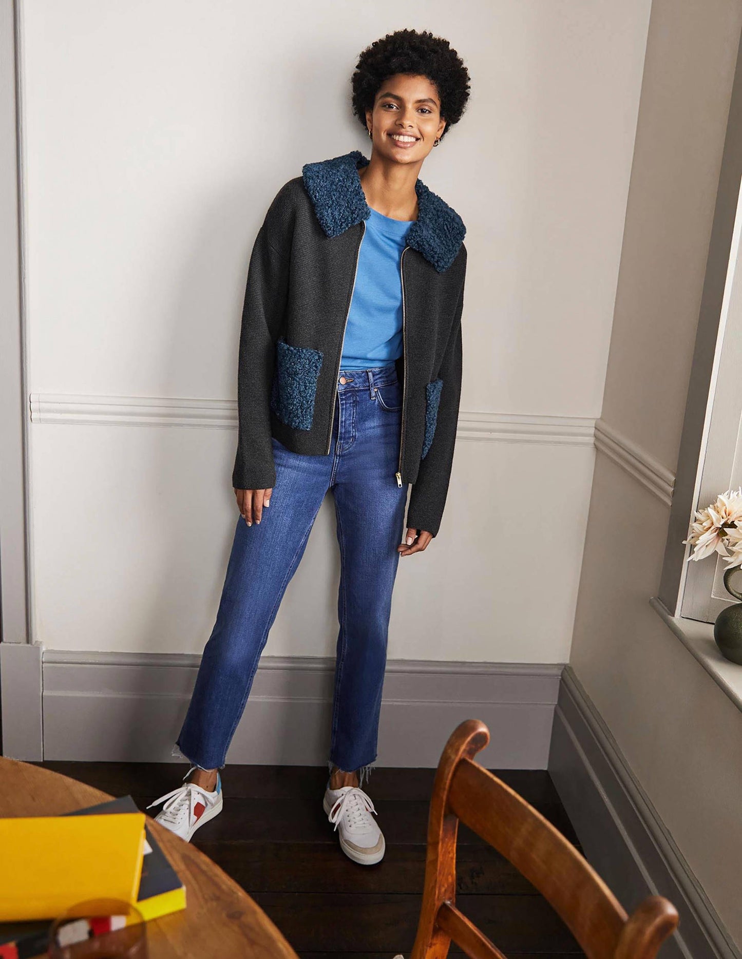 Borg Cropped Coatigan-Charcoal Melange