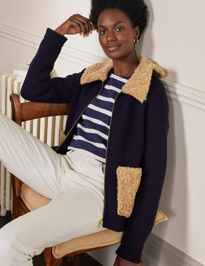 Borg Cropped Coatigan-Navy-1