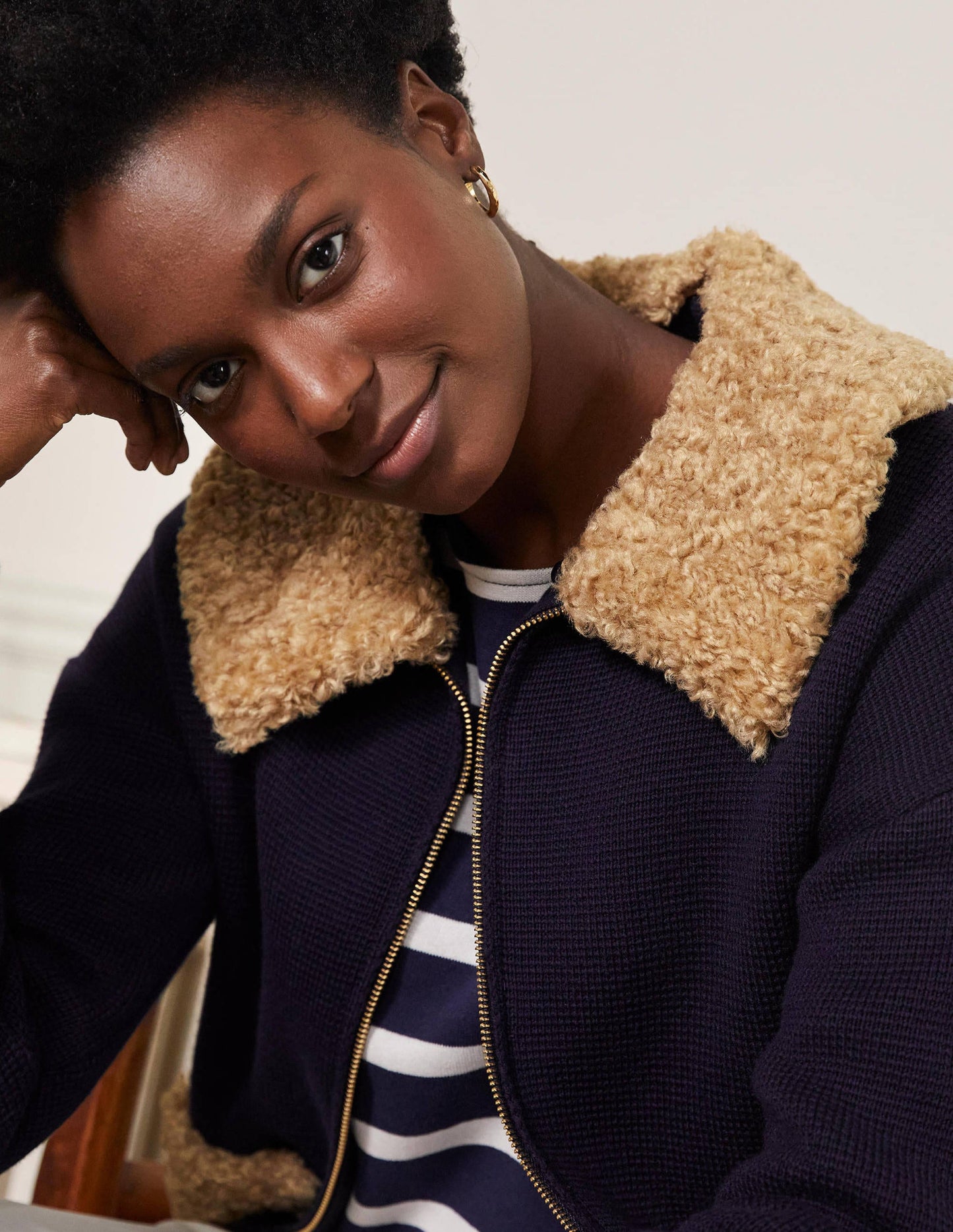 Borg Cropped Coatigan-Navy