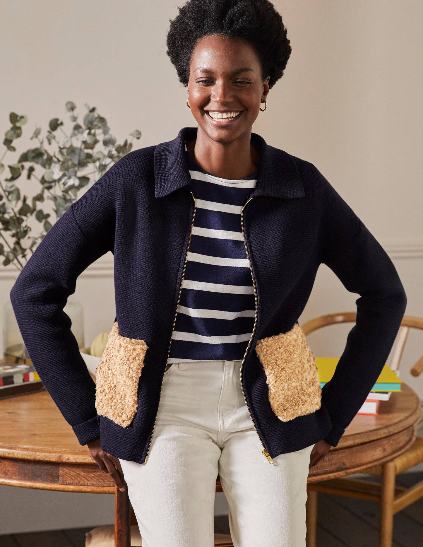 Borg Cropped Coatigan-Navy