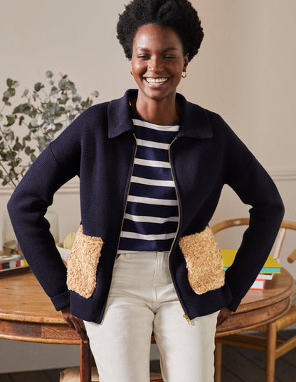 Borg Cropped Coatigan-Navy-4