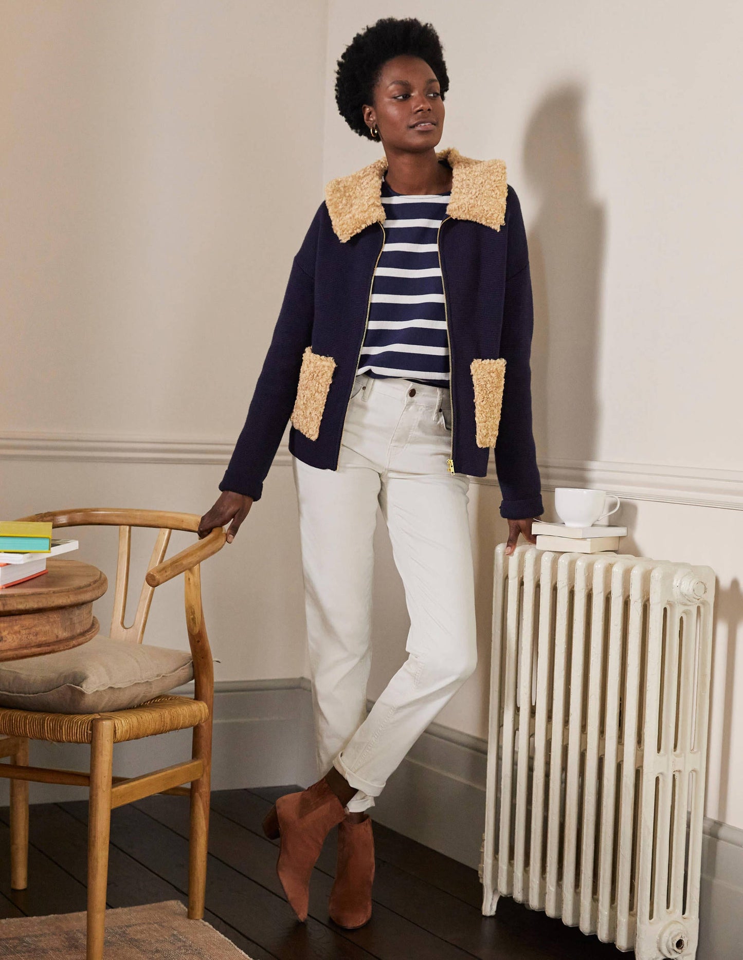 Borg Cropped Coatigan-Navy