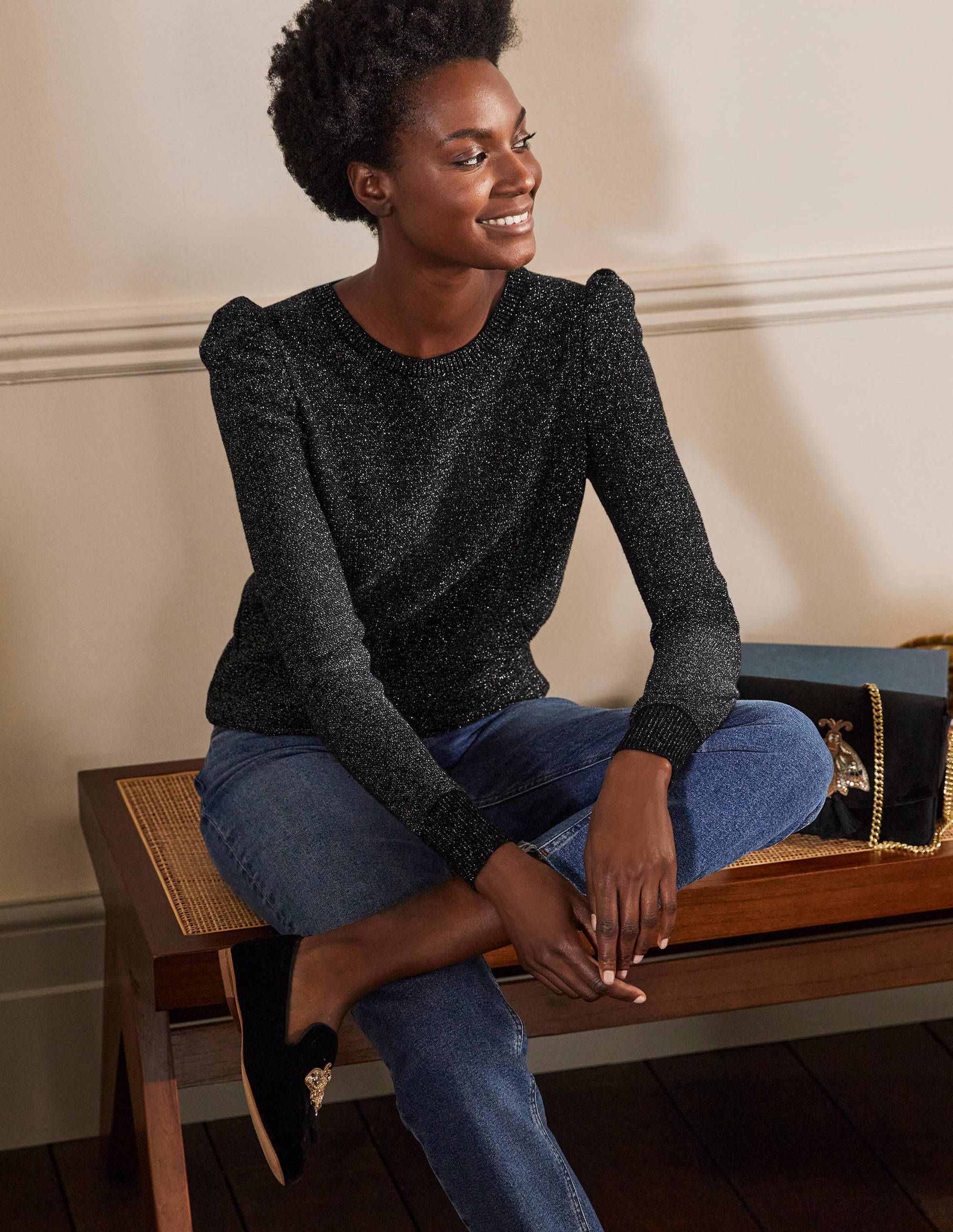 Sparkle Puff Sleeve Jumper-Black Sparkle - Image 1