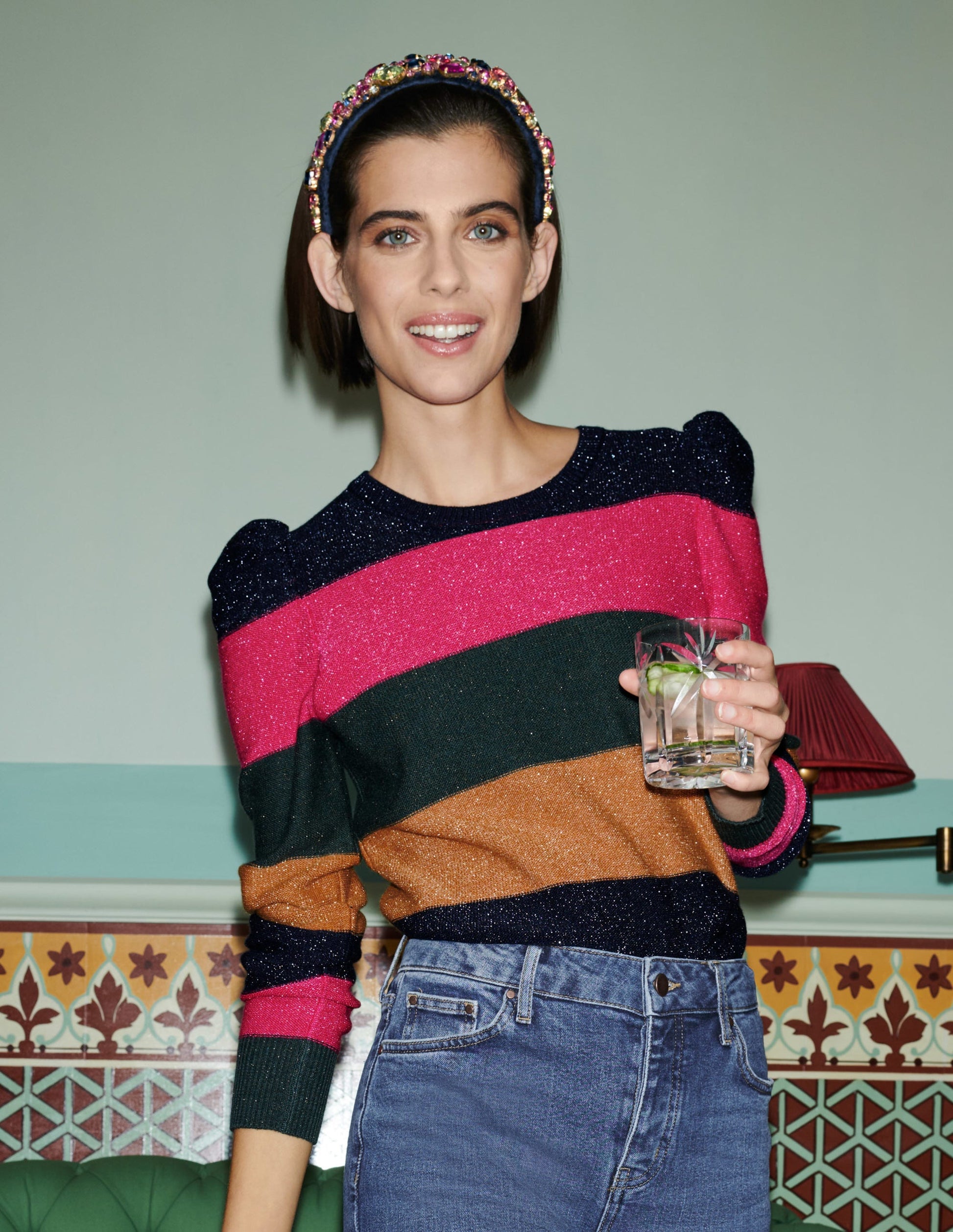 Sparkle Puff Sleeve Jumper-Pink, Black Lurex Multi Stripe-7